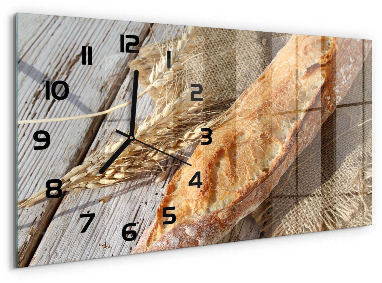 TULUP Wandklok - Verse baguette Gekleurde Glazen Klok - 60x30 cm - Beige Glazen Klok Met Print - Zwarte handen - Rechthoekige Klok - Moderne Wandklok Glas - Wandklok Glas Decoratie