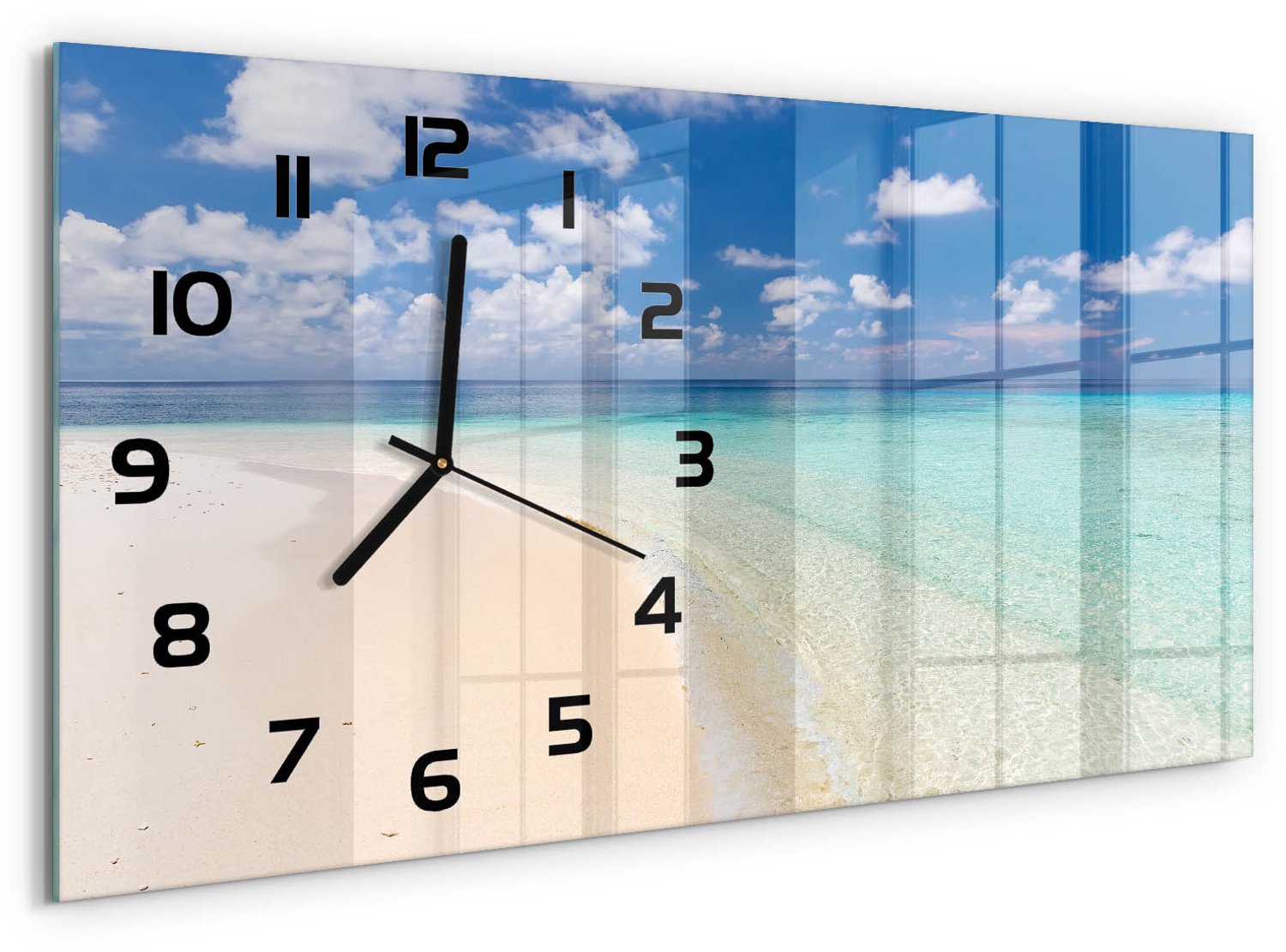 TULUP Wandklok - Strand op de Malediven Glazen Klok Met Print - 60x30 cm - Blauw Wandklok Glas Met Motief - Zwarte handen - Rechthoekige Klok - Wandklok Glas Decoratie - Gekleurde Glazen Klok