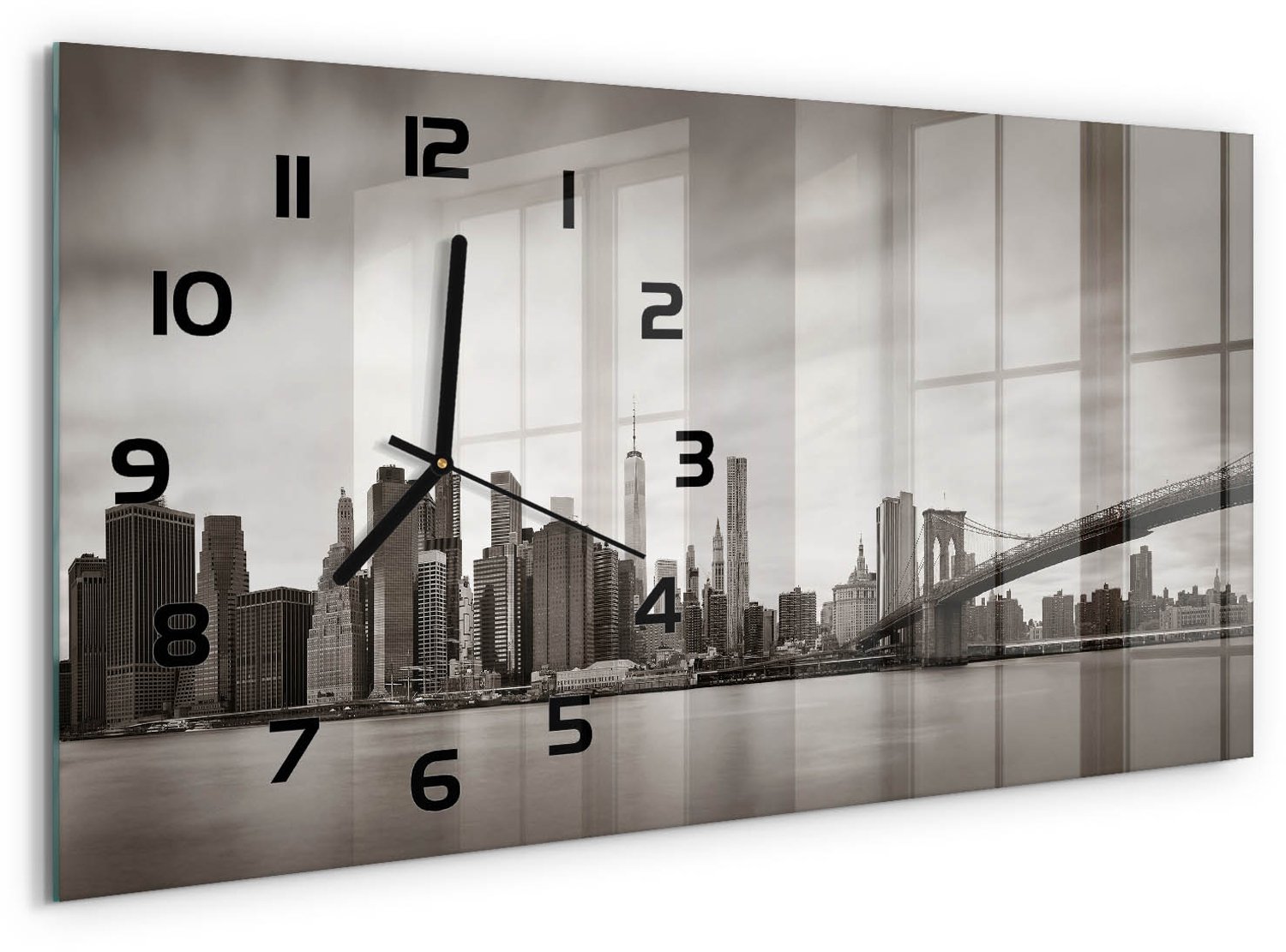 TULUP Wandklok - Manhattan, New York Glazen Wandklok Design - 60x30 cm - Zwart-wit Klok Glas Met Opdruk - Zwarte handen - Rechthoekige Klok - Wandklok Glas Met Motief - Decoratieve Glazen Klok
