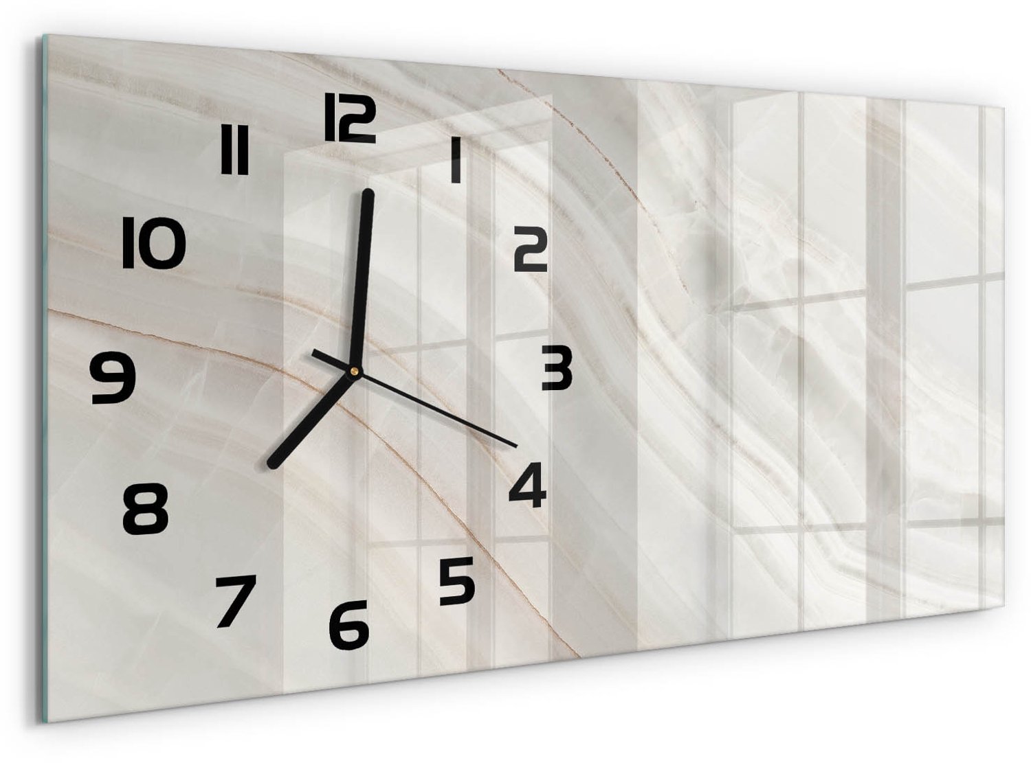 TULUP Wandklok - Marmertextuur Glazen Wandklok Design - 60x30 cm - Beige Klok Glas Met Opdruk - Zwarte handen - Rechthoekige Klok - Wandklok Glas Met Motief - Decoratieve Glazen Klok