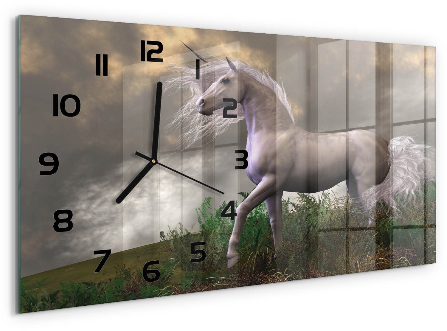TULUP Wandklok - Grijze Eenhoorn Glazen Klok Met Print - 60x30 cm - Grijs Wandklok Glas Met Motief - Zwarte handen - Rechthoekige Klok - Wandklok Glas Decoratie - Gekleurde Glazen Klok