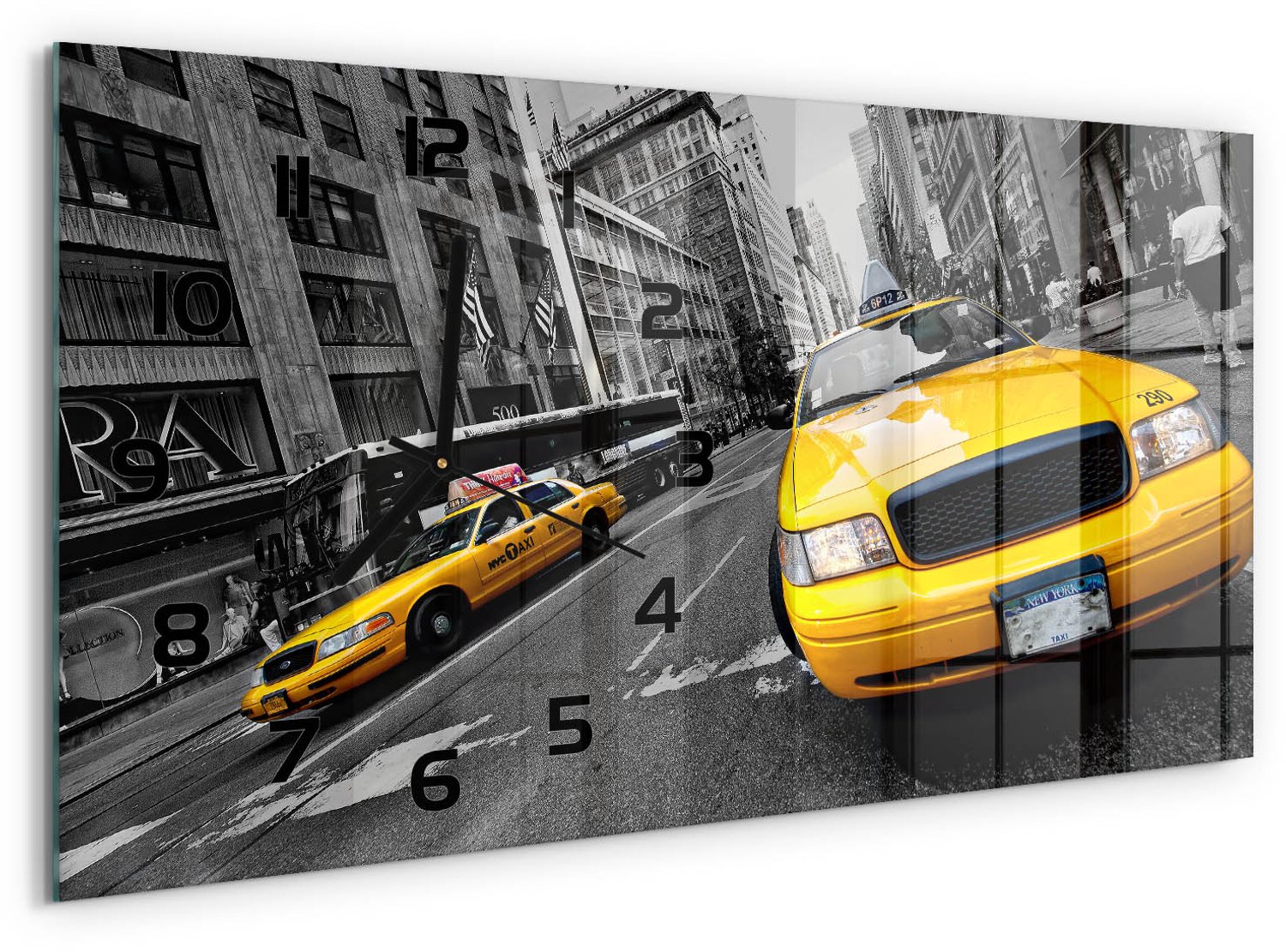 TULUP Wandklok - Taxi in New York Moderne Wandklok Glas - 60x30 cm - Geel Wandklok Glas Decoratie - Zwarte handen - Rechthoekige Klok - Glazen Wandklok Design - Klok Glas Met Opdruk