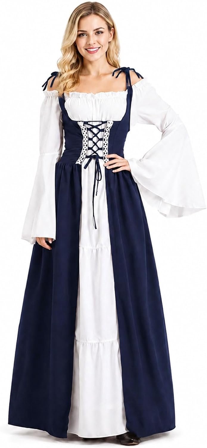 Jurk, renaissance-kostuum voor dames, Victoriaanse gothic, maxi-jurk met trompetmouwen, feestelijke outfit voor middeleeuws cosplay en outdoor-evenementen