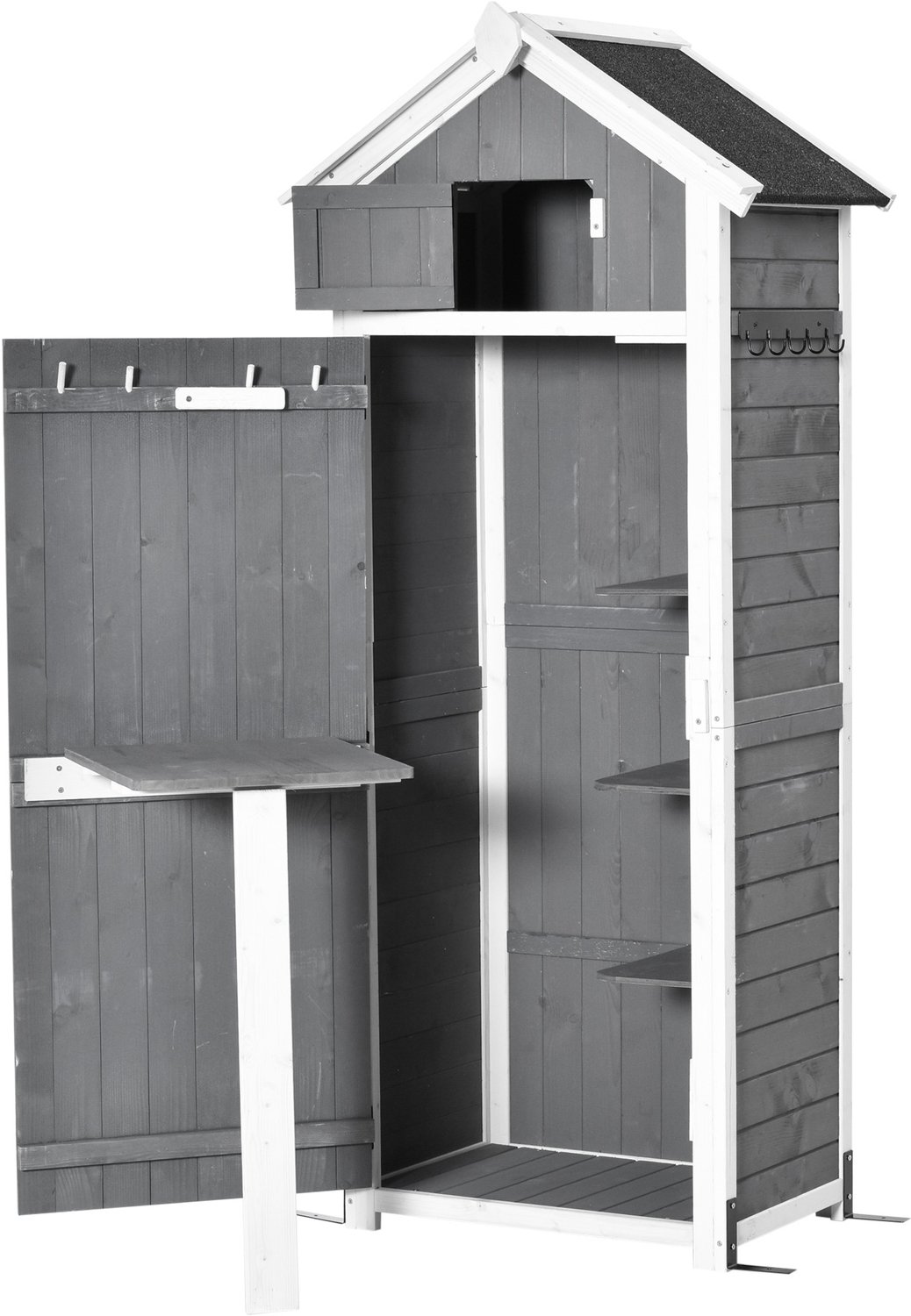 Sunona Tuinkast - Met klaptafel, haken en opbergplanken - Van vurenhout - 78 x 52,5 x 182 cm - Grijs