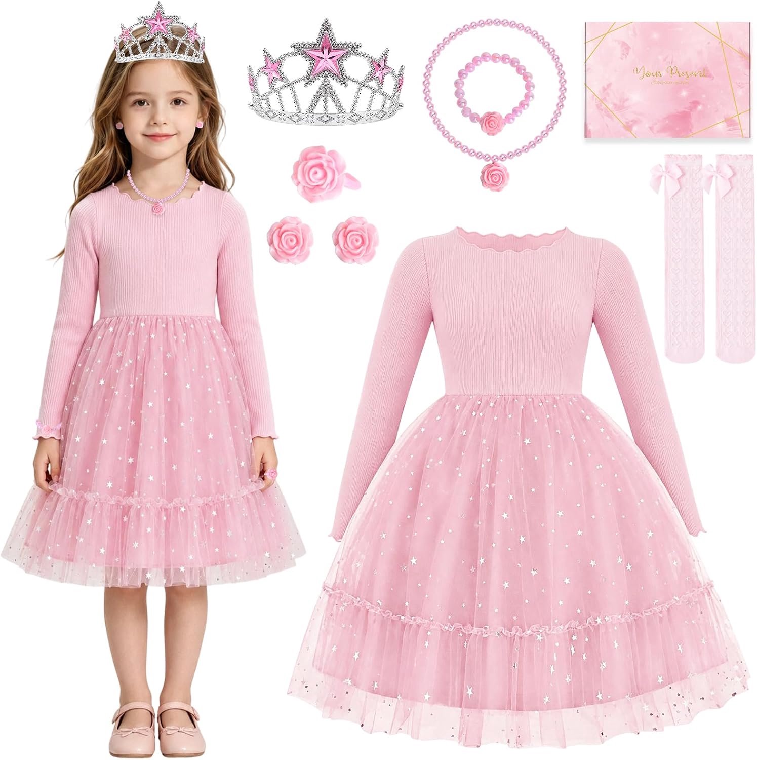 Prinsessenjurk voor meisjes, jurk van glinsterende tule met accessoires
