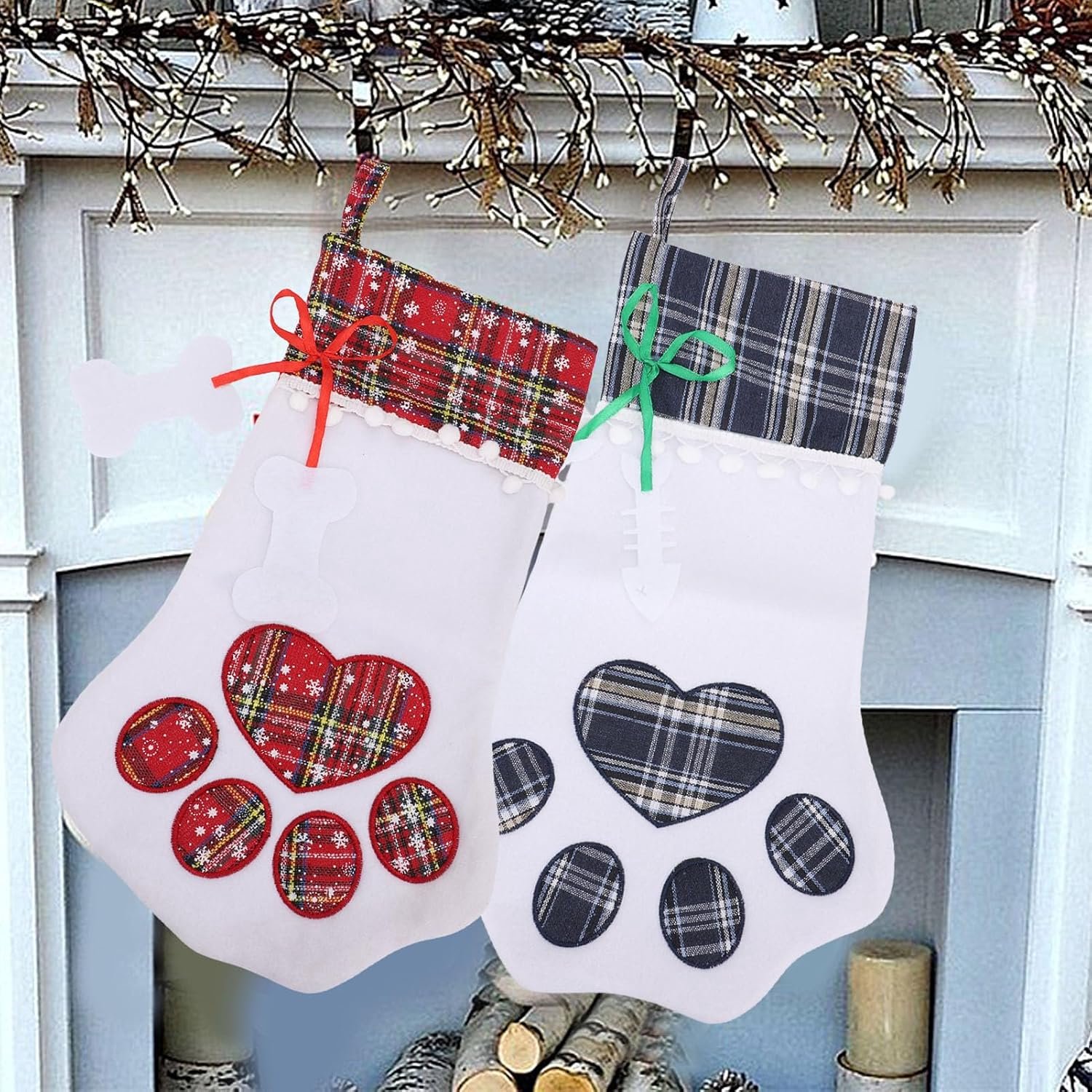 Kerstsok met Grote Capaciteit, Schattige Hondvoetvorm, Geruite Hangende Decoratie voor Dierenliefhebbers, Stof (Blauw)