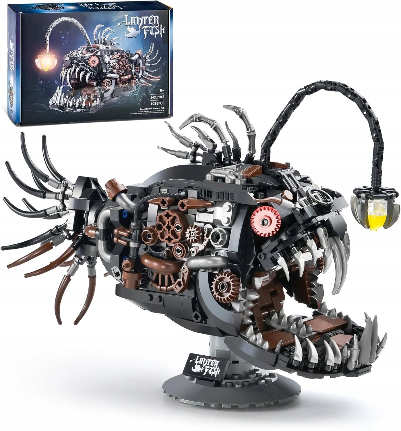 Mechanische Lantaarnvis Bouwset - Bouwblokkenset - Steampunk Diepzeevis - Educatief Speelgoed- 1038 Stuks - Oplichtende Kop & Beweegbare Kaak - Woondecoratie - Voor Kinderen Vanaf 8 Jaar & Volwassenen