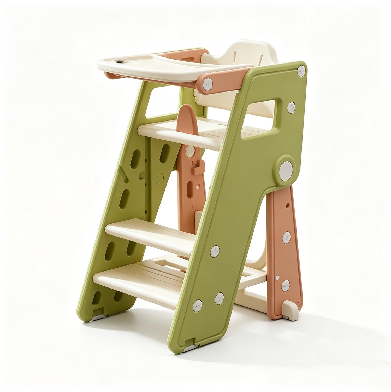 Opvouwbare 3‑in‑1 Leertoren voor peuters – Hoogteverstelbare keukenhulp met lade, antislip stapladder van HDPE materiaal – Groen‑Bruin