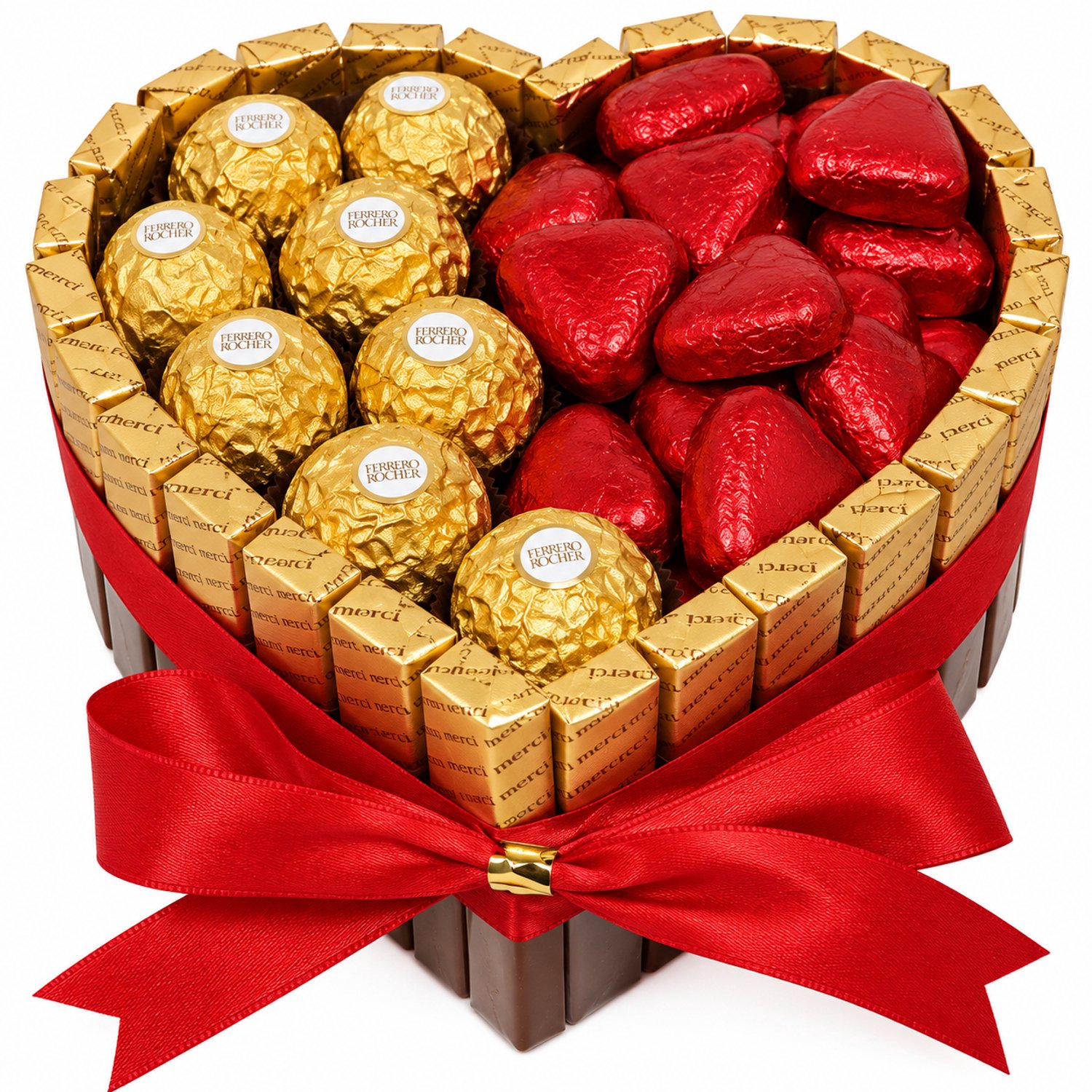 Nina's Giftshop® Chocolade Hart met Merci & Ferrero Rocher – Rode Chocoladehartjes – Rode Strik – Valentijn Cadeau – Chocolade Geschenk – Cadeau voor Hem & Haar – Liefdescadeau