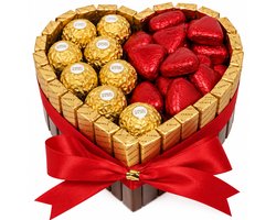 Nina's Giftshop® Chocolade Hart met Merci & Ferrero Rocher – Rode Chocoladehartjes – Rode Strik – Valentijn Cadeau – Chocolade Geschenk – Cadeau voor Hem & Haar – Liefdescadeau