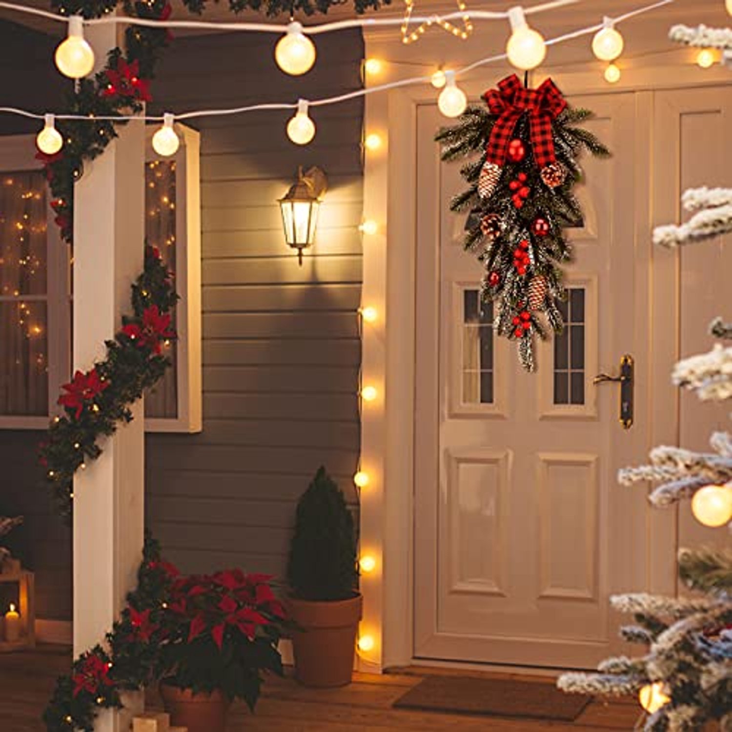 2 stuks Kerstkrans van dennennaalden met strik, dennenappels en rode ballen - 55cm - decoratieve kerstkransen voor binnen en buiten - Kunstmatige kerstversieringen voor aan de muur of deur – foto 8