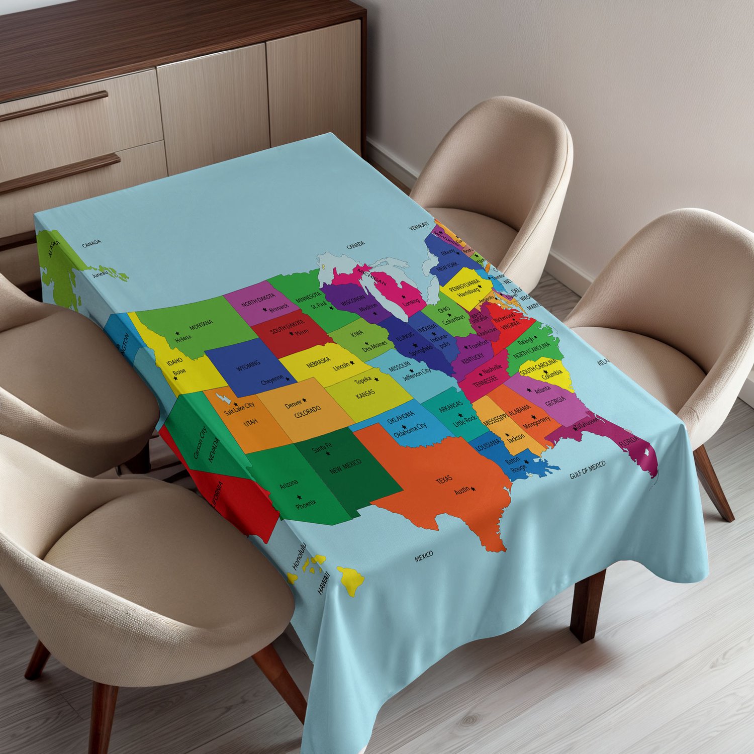 ABAKUHAUS USA Tafelkleed, Kaart van Amerika met Staten en Hoofdsteden Californië Texas New York, Rechthoekig Tafelkleed voor Eetkamer Keukendecoratie, 150 x 220 cm, Lichtblauw