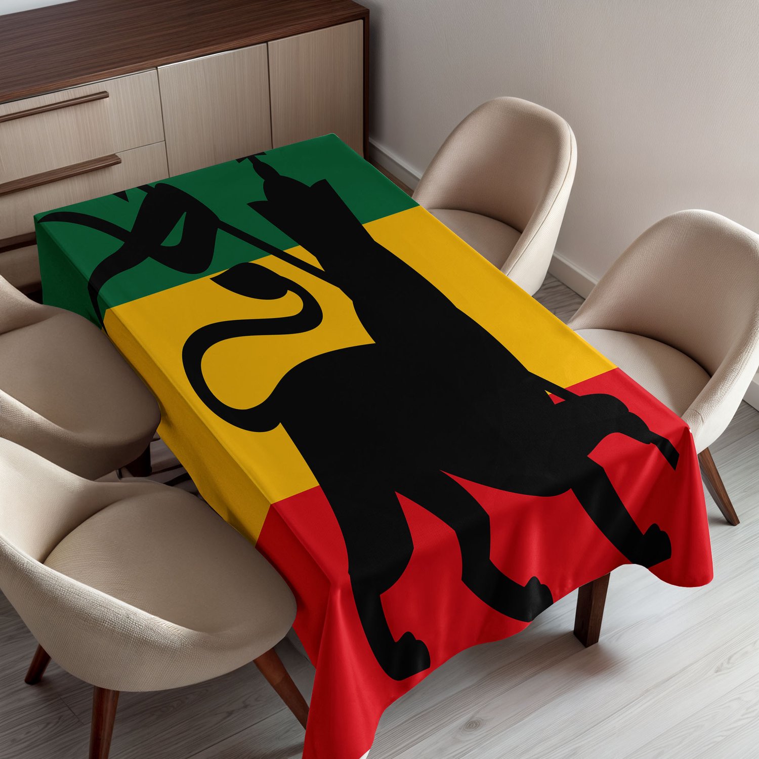 ABAKUHAUS Rasta Tafelkleed, Rastafari Gestreepte Vlag Leeuw Reggaemuziek Geïnspireerd Ontwerp in Culturele Kleuren, Rechthoekig Tafelkleed voor Eetkamer Keukendecoratie, 150 x 200 cm, Geel Zwart