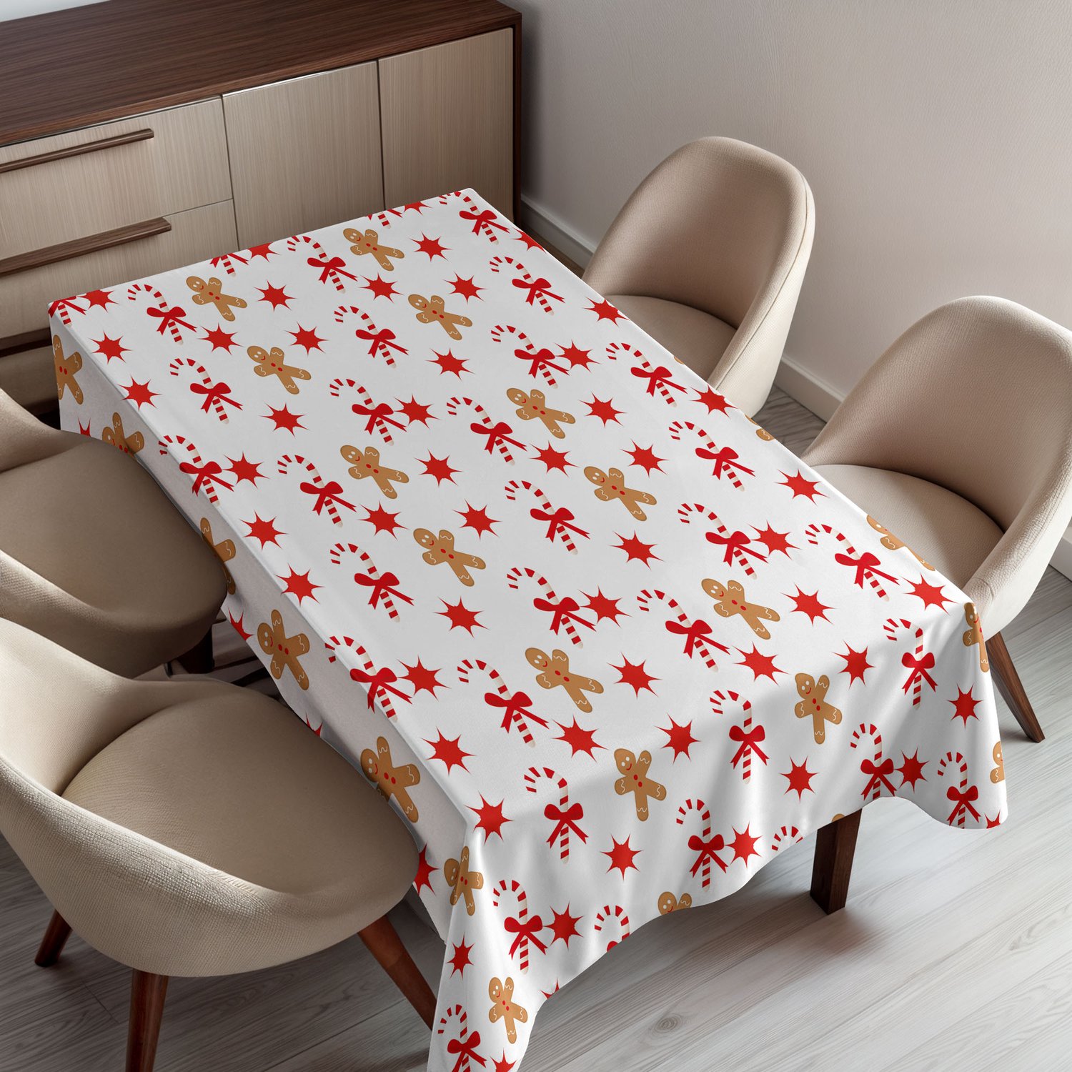 ABAKUHAUS Peperkoekmannetje Tafelkleed, Zuurstok met Strikjes Rode Sterren en Peperkoekmannetjespatroon, Rechthoekig Tafelkleed voor Eetkamer Keukendecoratie, 130 x 150 cm, Lichtbruin Rood