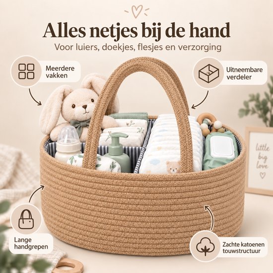 Luiermand voor Commode – Baby Organizer met Uitneembare Vakken – Commodemandje met Handvatten – 36 x 22 x 18 cm – Opbergmand voor Luiers, Doekjes & Babyverzorging – Bruin — afbeelding 4