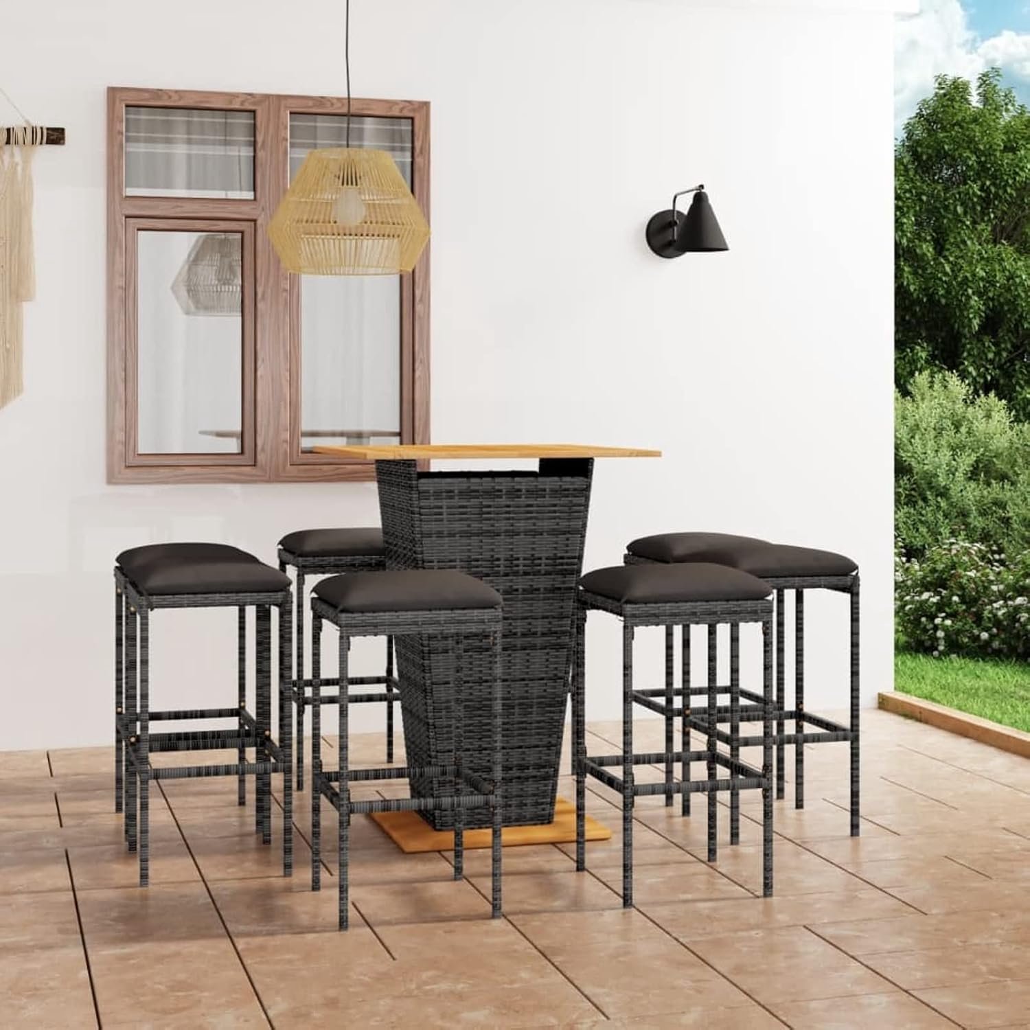 9-delige barset voor de tuin, met kussens van polyrotan, grijs, barset voor de tuin, tuinmeubelset (SPU:3064855)