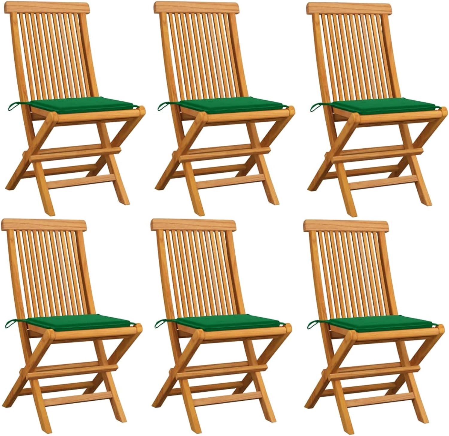 Tuinstoelen met groene kussens, klapstoelen, armleuningstoelen, balkonstoelen, tuinstoelen, tuinstoelen, campingstoelen, klapstoelen, tuinmeubelen, houten stoel voor tuin, terras, massief hout, teakhout, 6 stuks