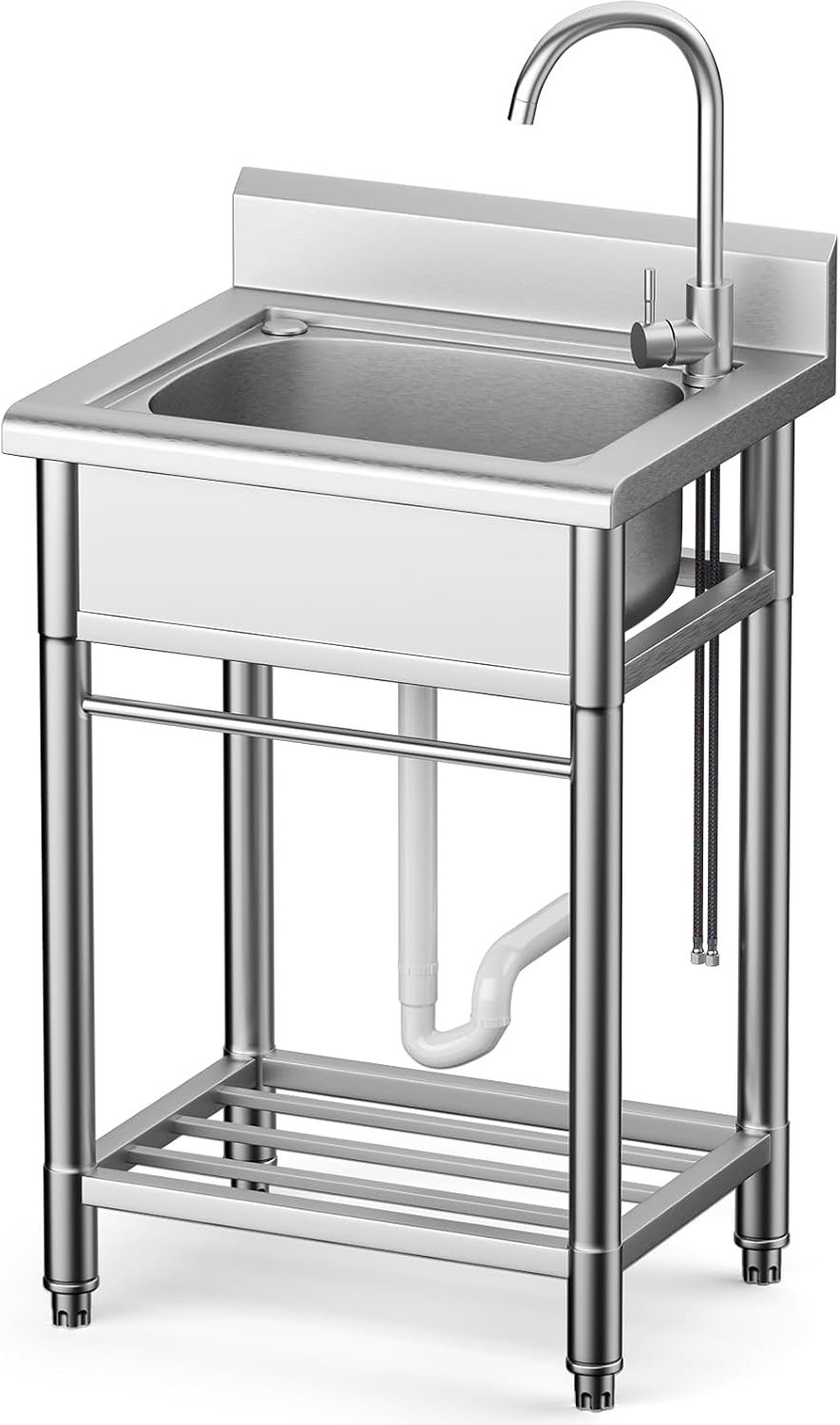 Enkele Kom Keuken Gootsteen met Koud en Warm Water Pijp Roestvrij Staal Wastafel voor Wasruimte Badkamer Boerderij