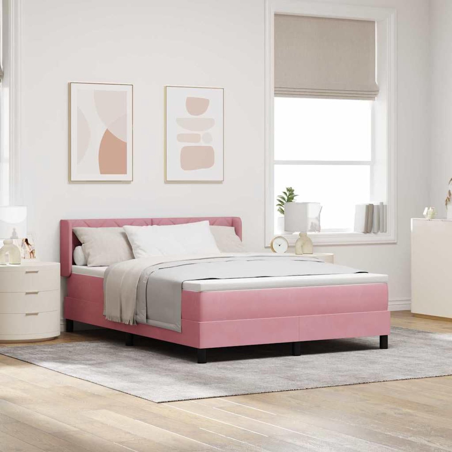 Boxspringbed met hoofdeinde Roze 200 x 160 cm Fluweel Verstelbaar Hoofdbord Medium Firm Pocketvering Matras Inclusief Lattenbodem Duurzaam Slaapkamerbed