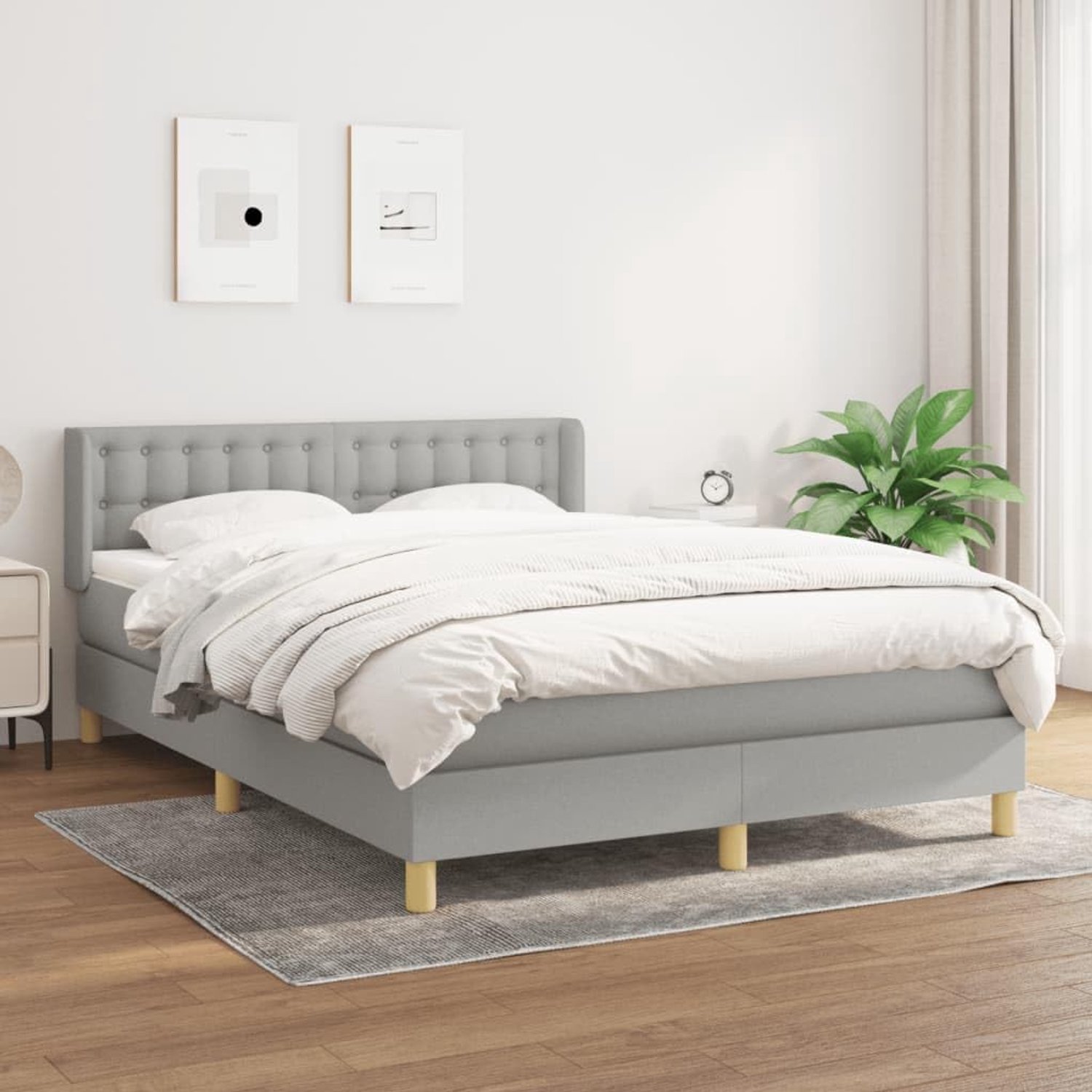 Boxspring met matras stof lichtgrijs 140x200 cm pocketvering hoofdbord verstelbaar matrasbeschermer slijtvast middelhard ondersteuning rugslapers buikslapers duurzaam ademend hoofdeinde comfortabel