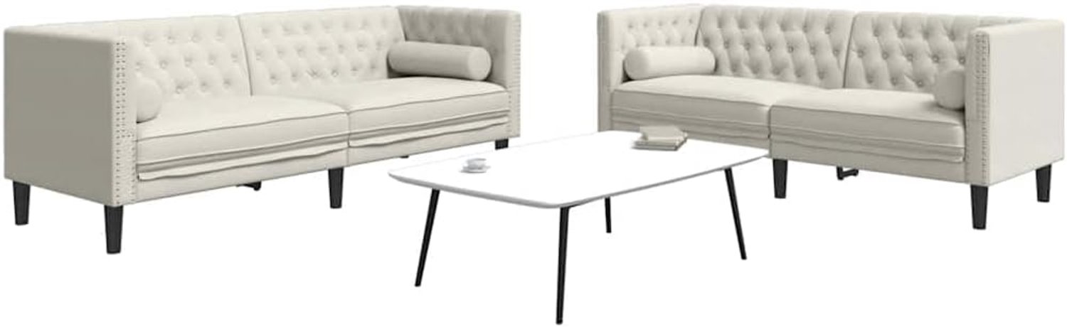 2-delige Chesterfield-Sofa-set met nekrollen, crème, fluweel, gestoffeerde stoel, sofa voor woonkamer met comfortabele zitting en klassiek design