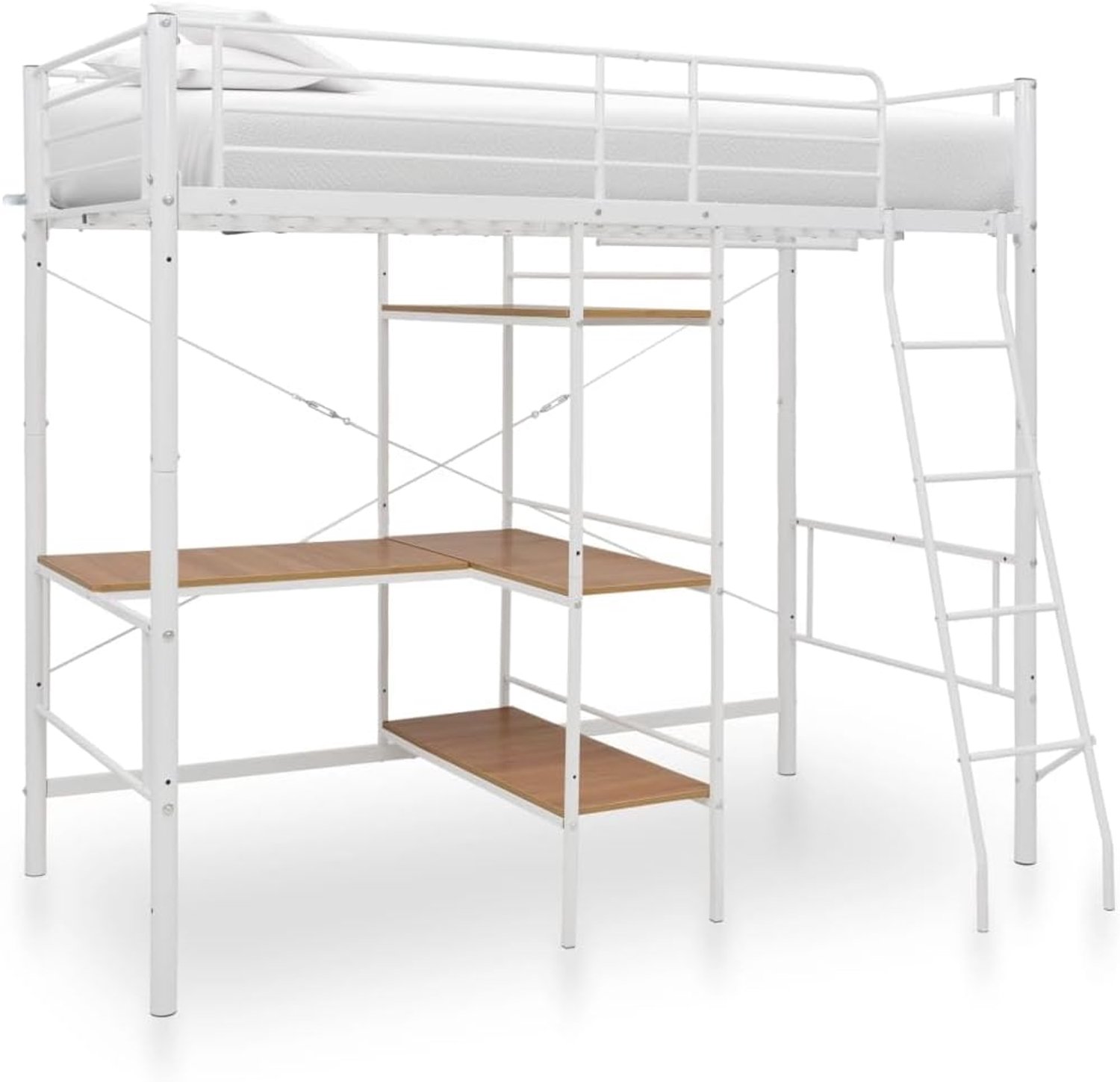 Familiebed, palletbed, stapelbed met tafelframe, wit, metaal, 90 x 200 cm