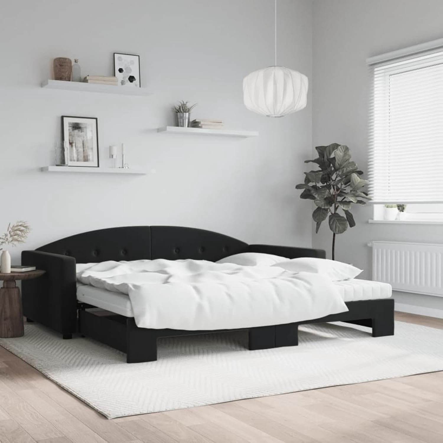 Slaapbank met matrassen, zwart, 100 x 200 cm, fluweel, uitschuifbare slaapbank, houten slaapbank, 1 slaapbank met uittrekbaar bed + 2 matrassen