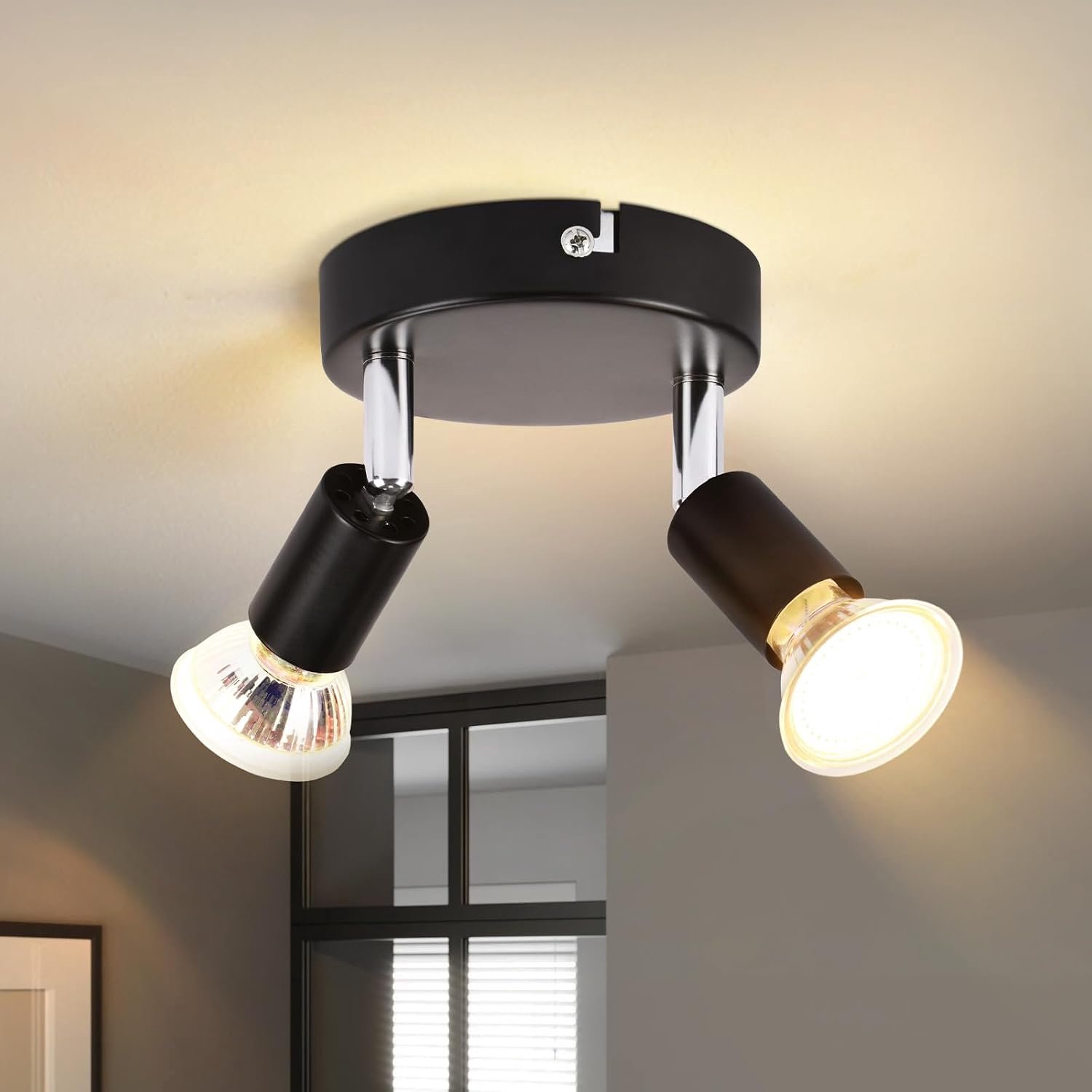 2-lichts plafondspot, zwart - Plafondlamp, GU10 spot, ronde LED-wandspot, 350° draaibaar, moderne hallamp voor slaapkamer, keuken, hal (lampen niet inbegrepen)