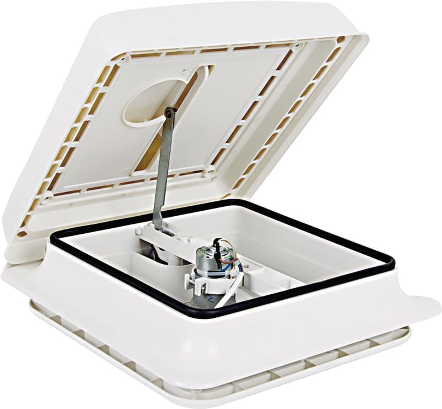 Dakkap voor camper, 12 V, met ventilator en motor, wit deksel, 280 x 280 mm, compacte ventilatie voor badkamer, douche, camper, caravan en camper