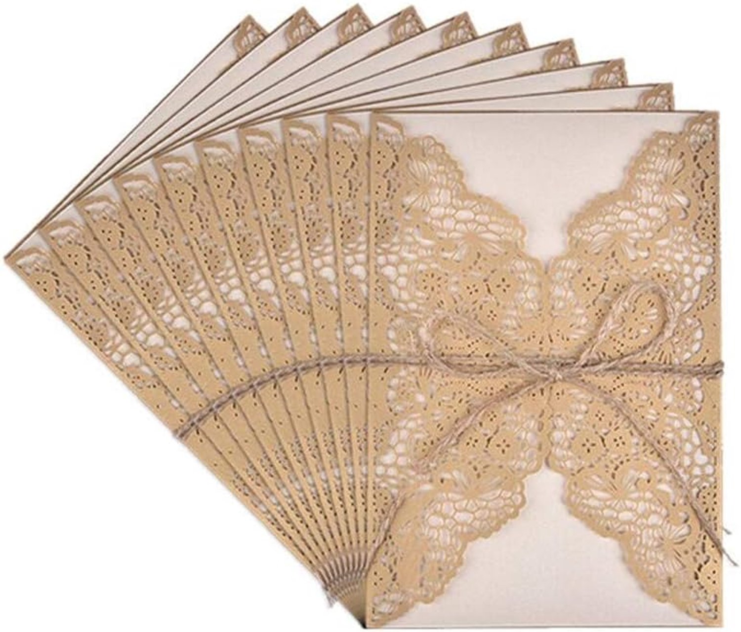 Uitnodigingskaarten voor bruiloft, 10 stuks, retro, lasergesneden, met binnenvellen van kraftpapier, blanco, envelop en koord, vintage kaart voor verjaardag, Kerstmis, feest