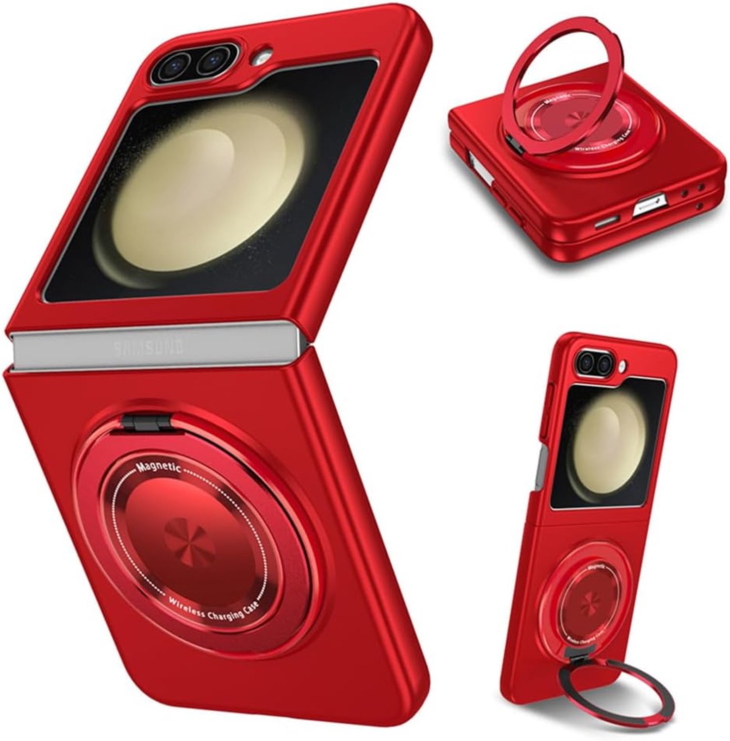 Compatibel met Samsung Galaxy Z Flip 5 hoes, roterende ring, magnetische stootbescherming, opvouwbare en dunne hoes (rood)