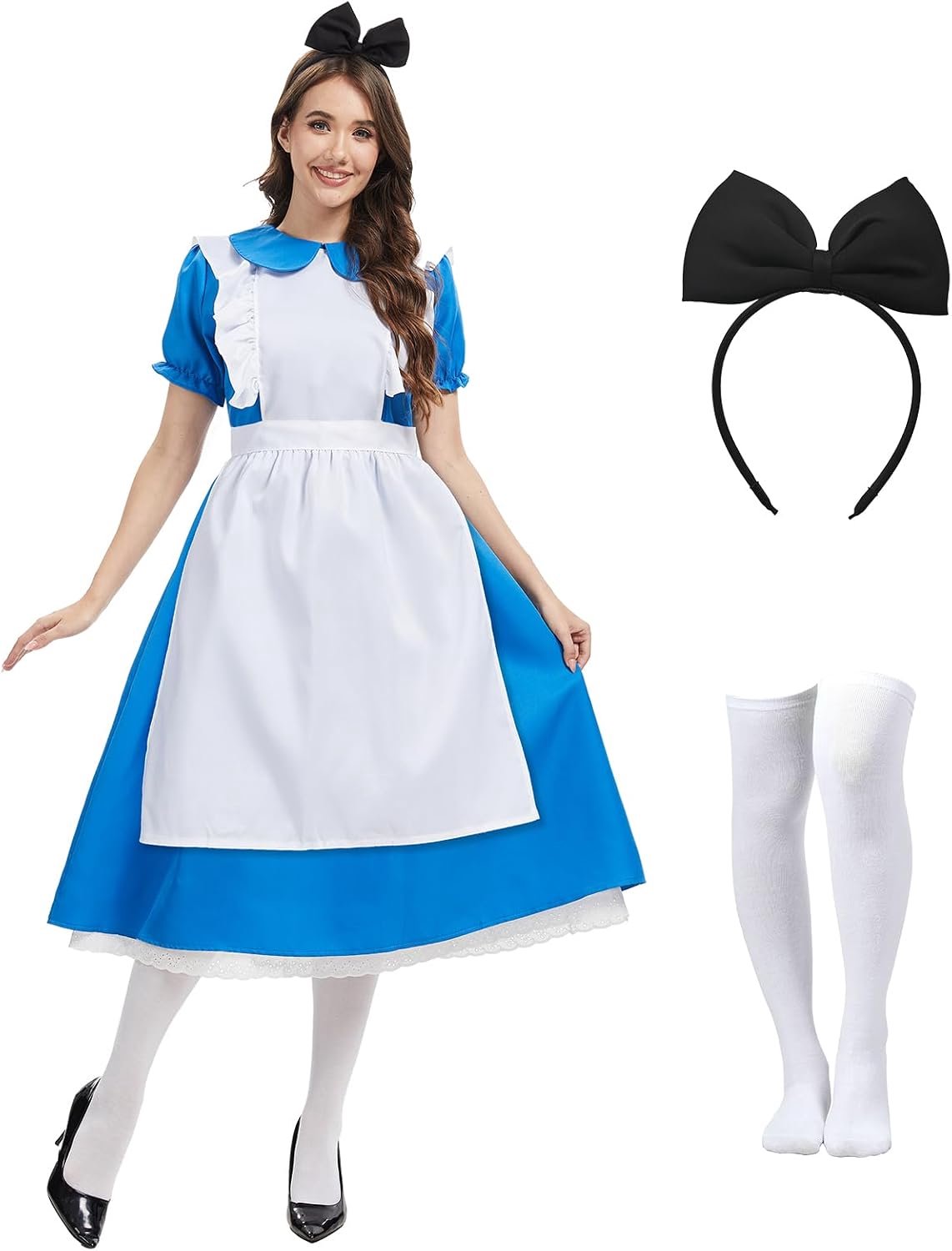 Blauwe en witte overgooierjurk voor volwassenen, outfit, Halloween, sprookje, verkleedkostuum, cosplay