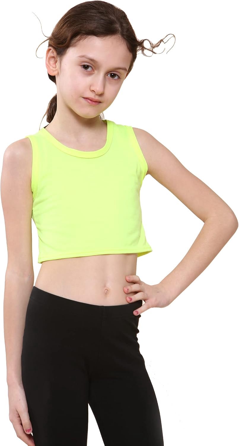 Meisjes neon fluorescerend vest crop tops T-shirt top danskleding gymnastiek kostuums leeftijd 5-14 jaar, Neon Geel, 5-6 Jaren