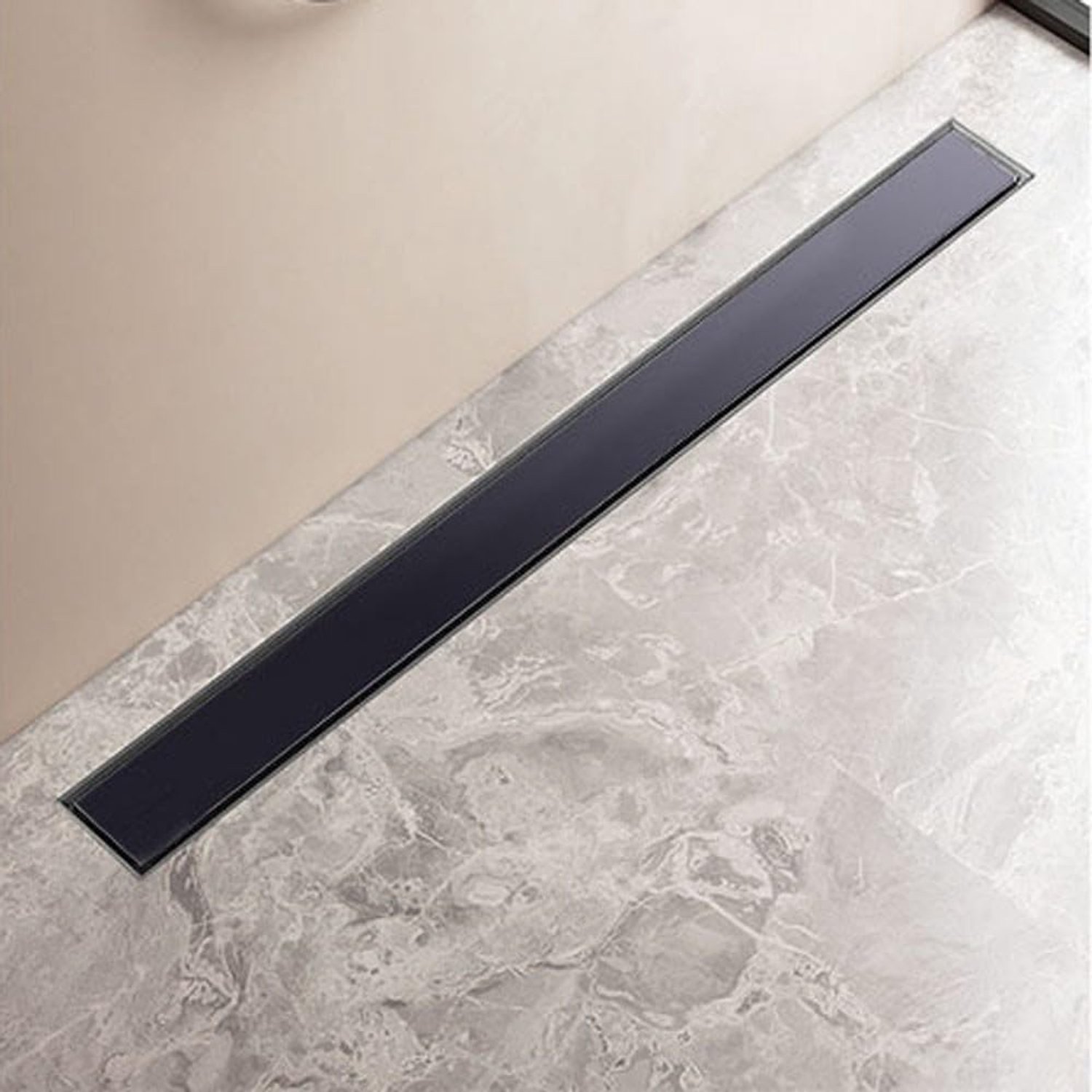 Douchegoot 80 cm platte sifon met geurverwijderaar en haarfilter, douchegoot van zwart glas, complete set vloerafvoer roestvrij staal voor douchecabine, doucheafscheiding