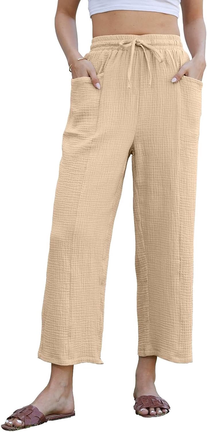 Zomerbroek voor dames van linnen en katoen, lange broek met trekkoord en zakken, zachte broek voor dames, elegant, effen, voor casual strandvakantie