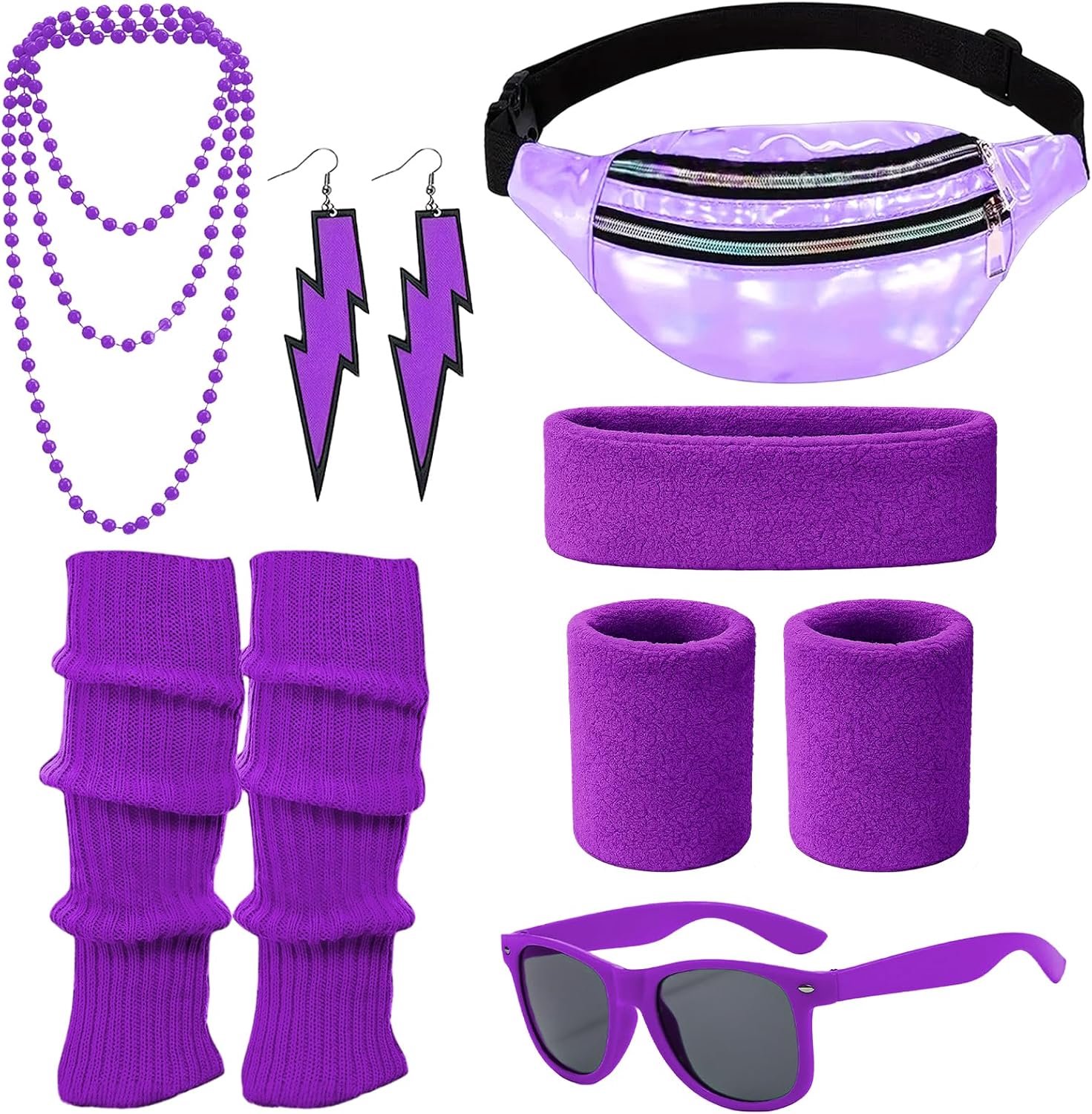 Kostuum voor dames, jaren 80, 90, jaren '90, kostuum, accessoires, hoofdband, armbanden, beenwarmers, oorbellen, riemtas en glazen voor carnaval, neon party