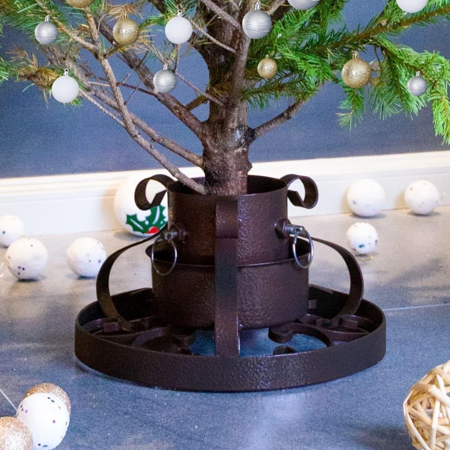 Kerstboomstandaard in antiek koper, stabiele metalen kerstboomstandaard voor echte dennenbomen tot 2,1 m hoogte, 29 x 29 x 15,5 cm