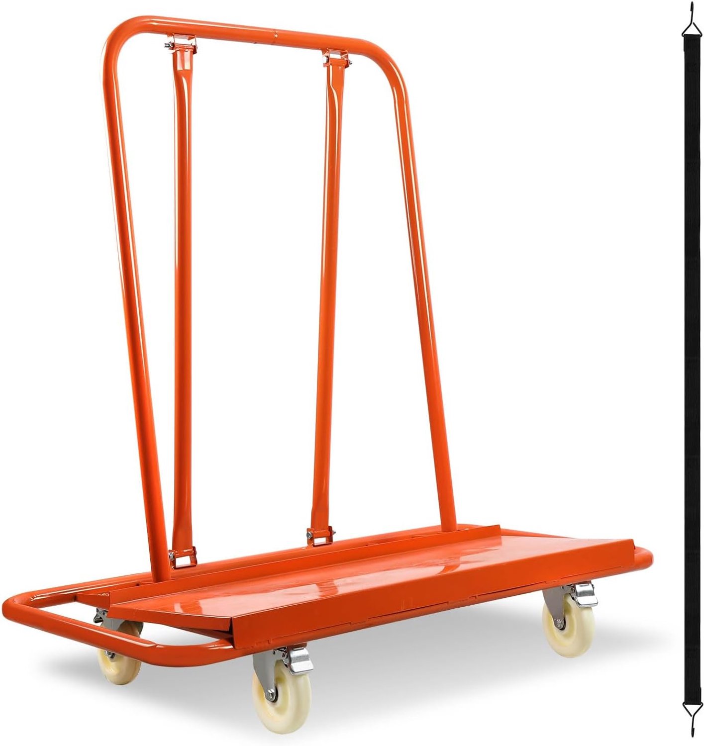 Platenwagen met spanband, driehoekige stalen constructie, 1000 kg draagkracht, met 4 zwenkwielen met rem, voor gipsplaten, houten platen, glas, meubels