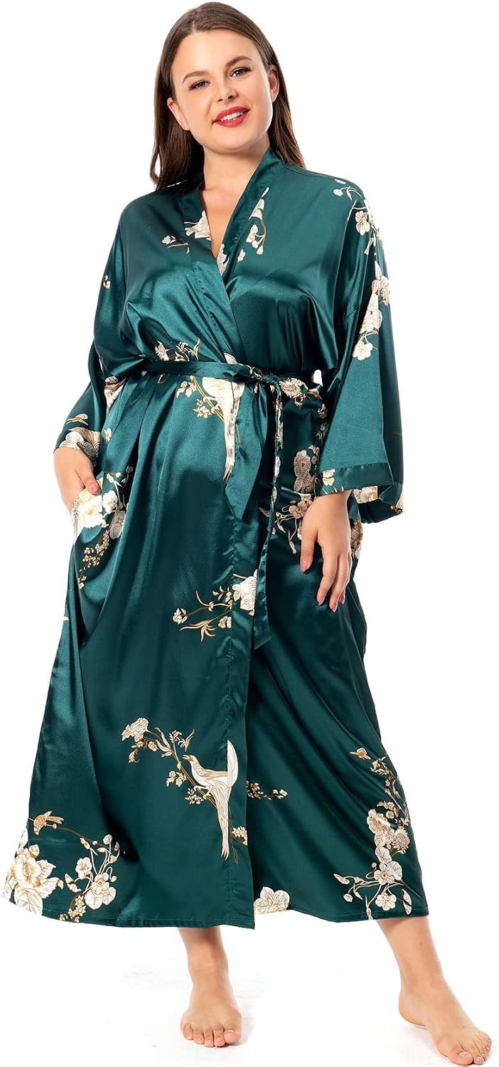 Badjassen met bloemen voor dames, grote maten, lange zijden gewaden, pauw, bloemen, kimono, nachtkleding, ochtendjas — afbeelding 2