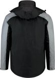 Achterkant van een zwarte parka met grijze schouder- en mouwpanelen en een capuchon.