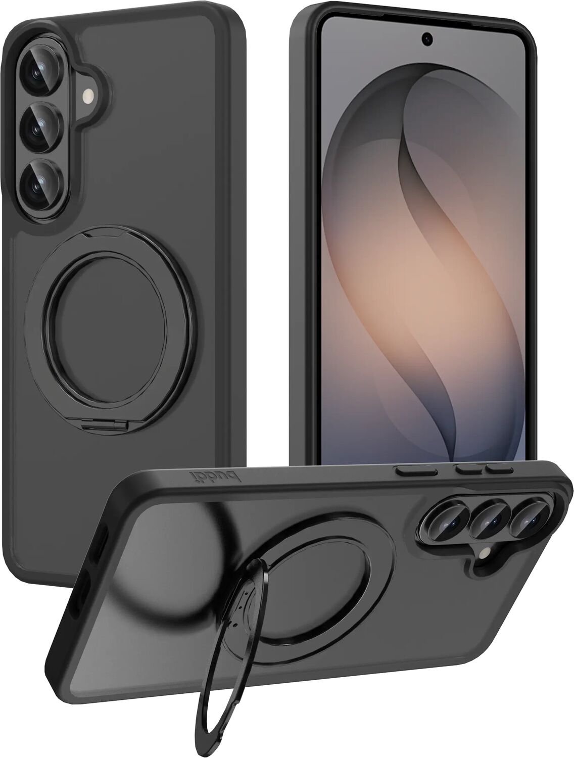 Buddi Frost Hoesje Geschikt voor Samsung Galaxy S26 Plus - Mat Zwart - Met Ring Stand - MagSafe Back Cover - Matchende kleur - Met 360° Draaibare Standaard - Shockproof - Slank