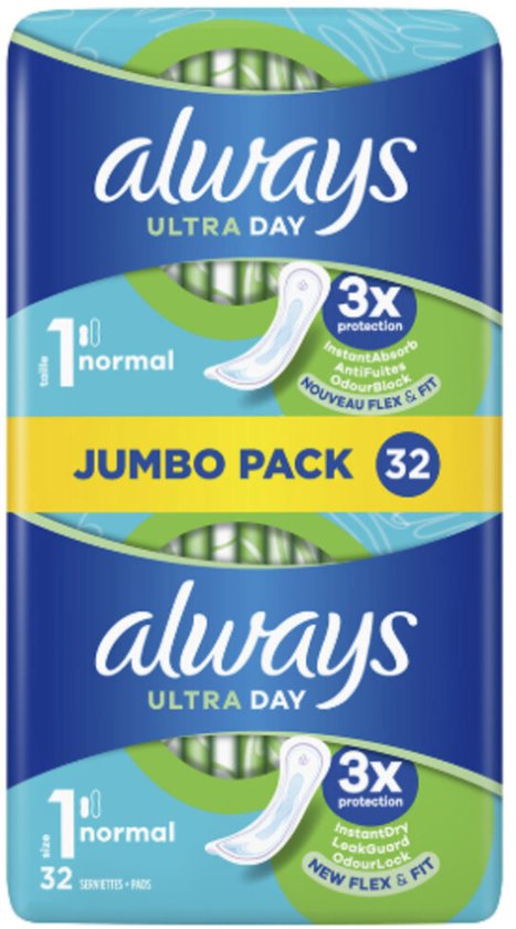 Always Ultra Day maandverband Jumbo Pack 32 stuks, 3x bescherming, normaal, met Odour Block en Flex & Fit.