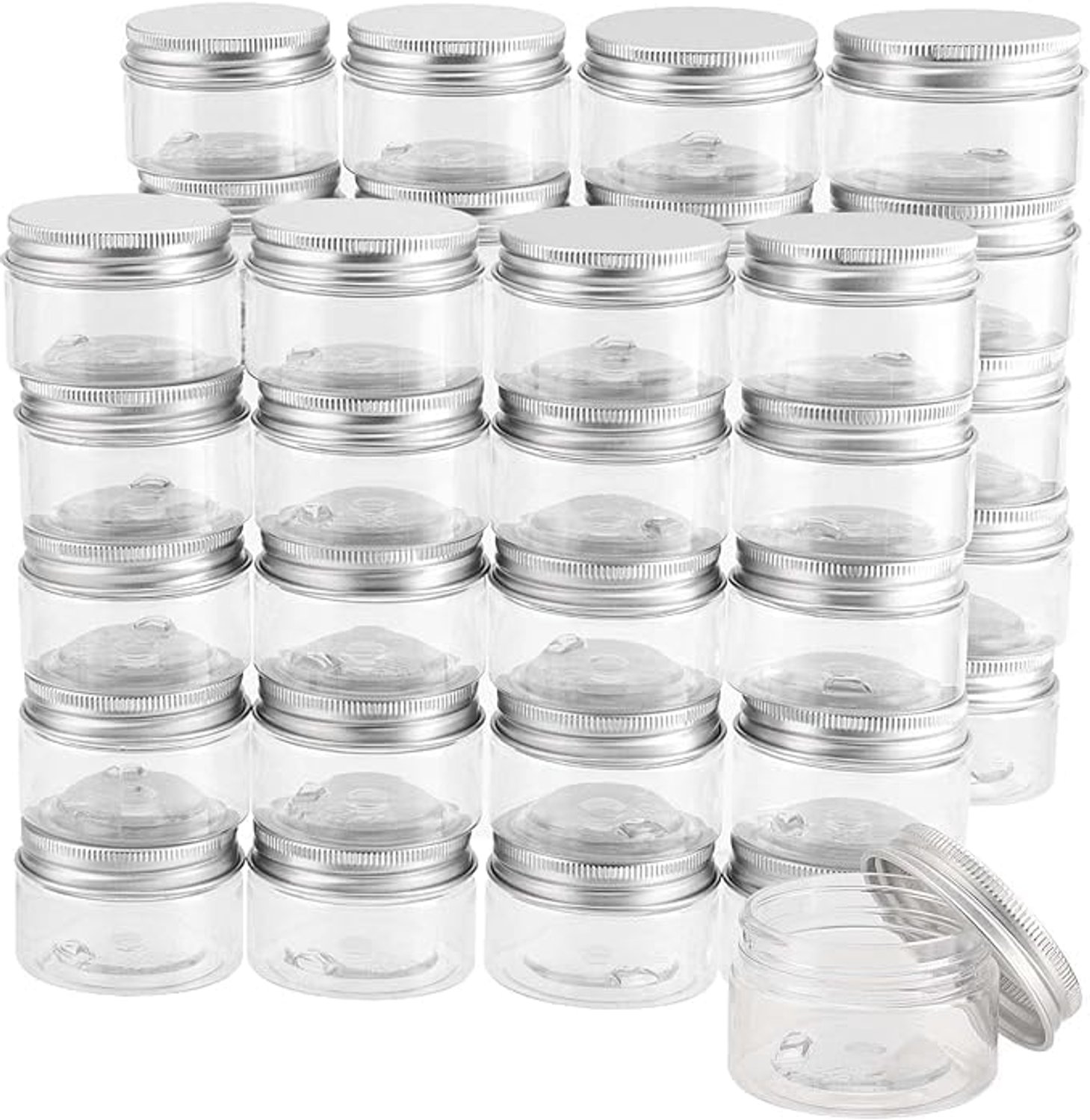 30 stuks 30 ml kunststof voorraaddozen met schroefdeksel aluminium, kleine ronde kunststof potten met deksel, transparante kunststof container, kleine ronde voorraaddozen voor knutselen, crème