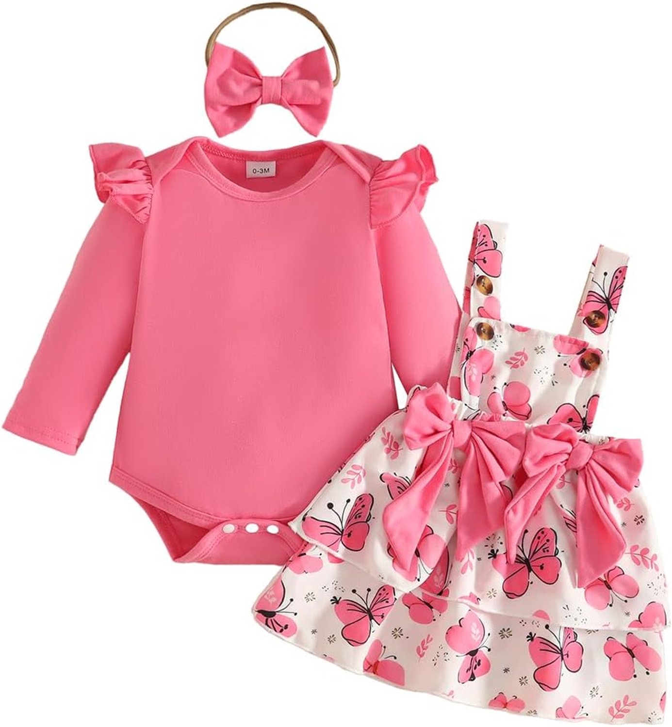 Zomer- en herfstkleding voor babymeisjes, schattige print, korte mouwen, top met dragerrok en hoofdband, 3-delige outfit voor pasgeborenen, set van 0-18 maanden