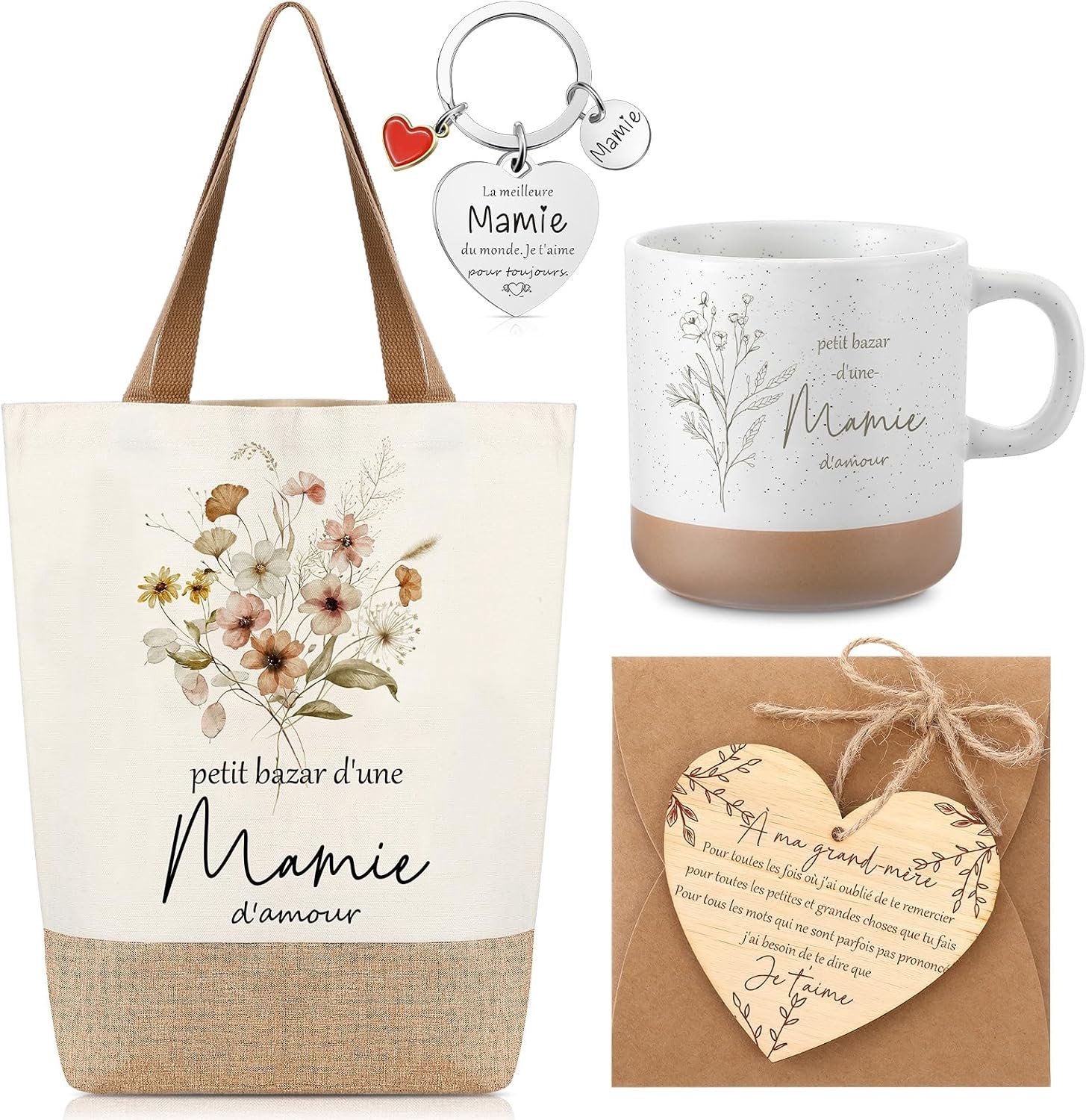 Cadeauset voor Grootmoeder met Jute Tas, Sleutelhanger en Hartvormige Houten Mint voor Moederdag of Verjaardag
