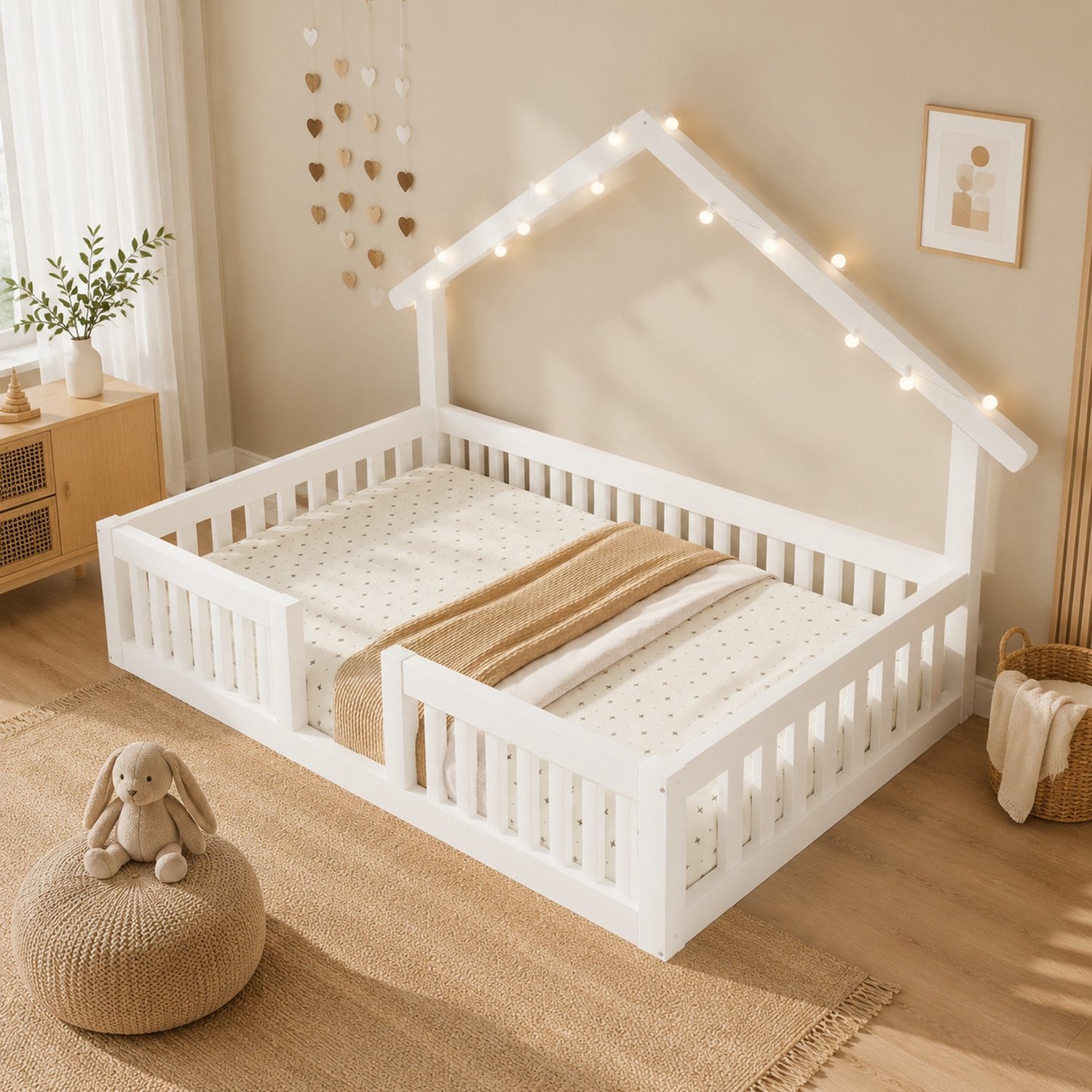 CHICFURN Kinderbed Huisbed 90x200 cm - Uitvalbeveiliging - LED-lichtsnoer - Wit