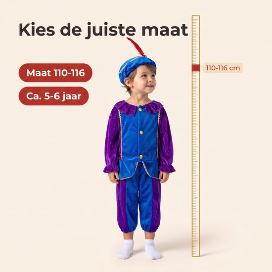 Maattabel voor het pietenpak met tekst 'Kies de juiste maat' en 'Maat 110-116'. Kind in kostuum naast een meetlat.