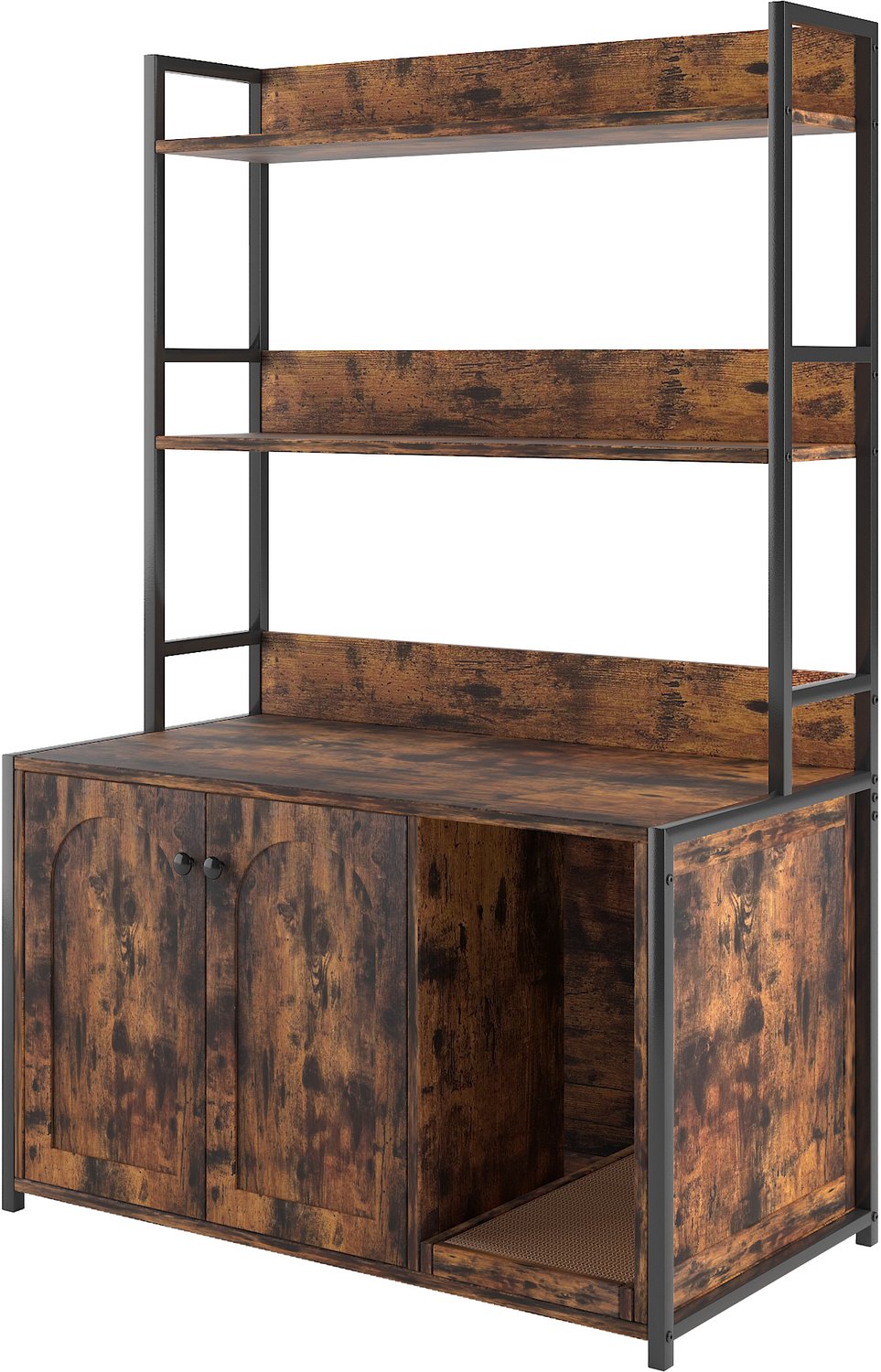 Kattenbak Meubel Met Opbergruimte - Gesloten Kattenbakkast Met Twee Deuren - Kattenhuis Met Krabmat - Bruin MDF En Metalen Frame