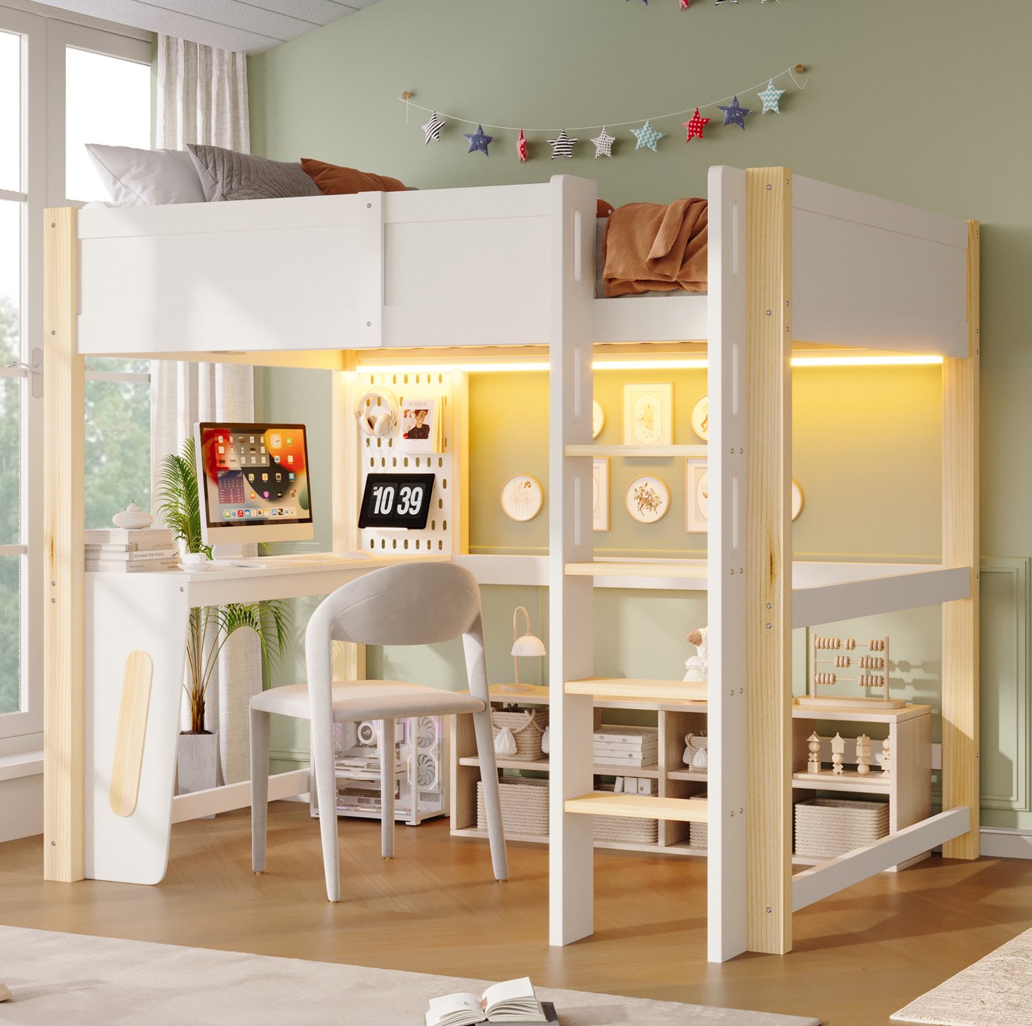 OKWISH Hoogslaper 140 x 200 cm - Met Bureau en Gatenbord - Verstelbare Ledverlichting - Met Valbeveiliging - Hout en MDF - Zonder Matras - Wit en Naturel