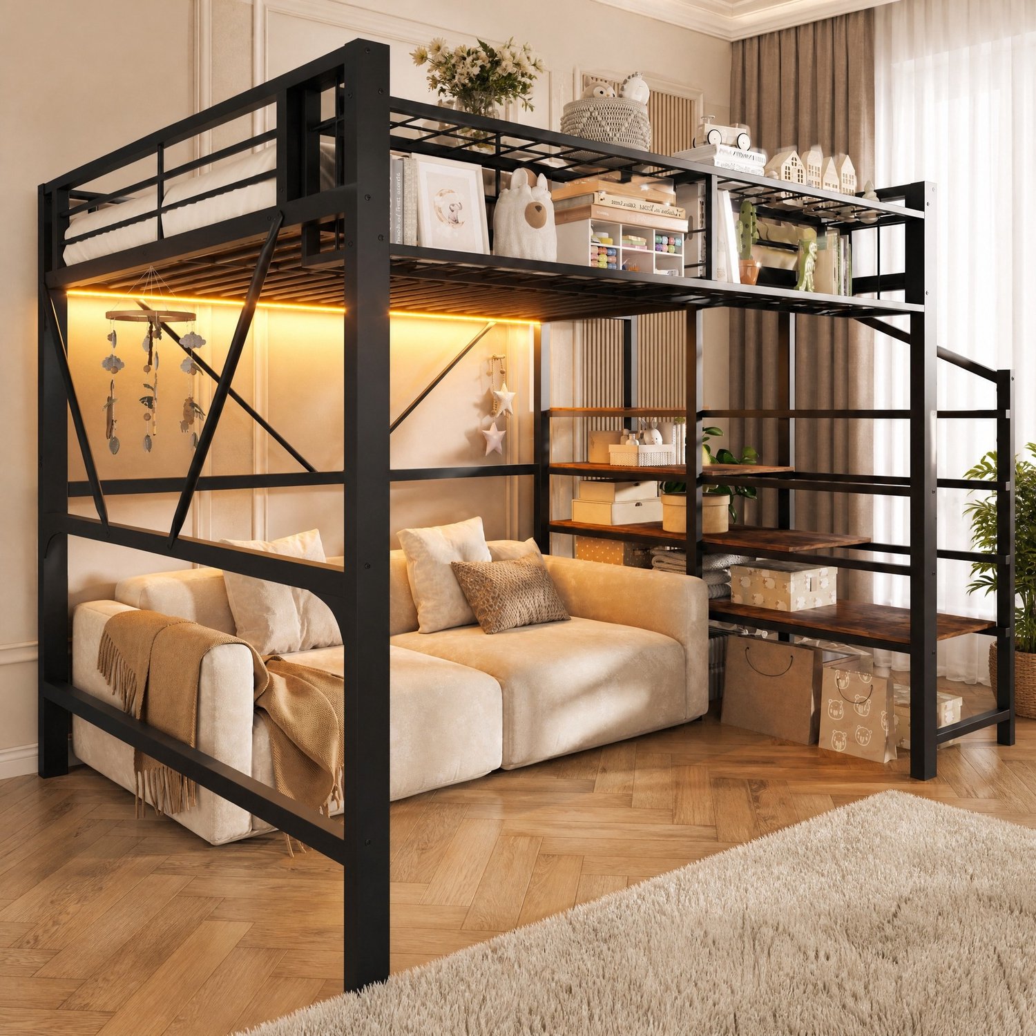 WUVRIE Hoogslaper 140x200 cm - Met opbergrek, opbergmand en LED-verlichting - Zwart
